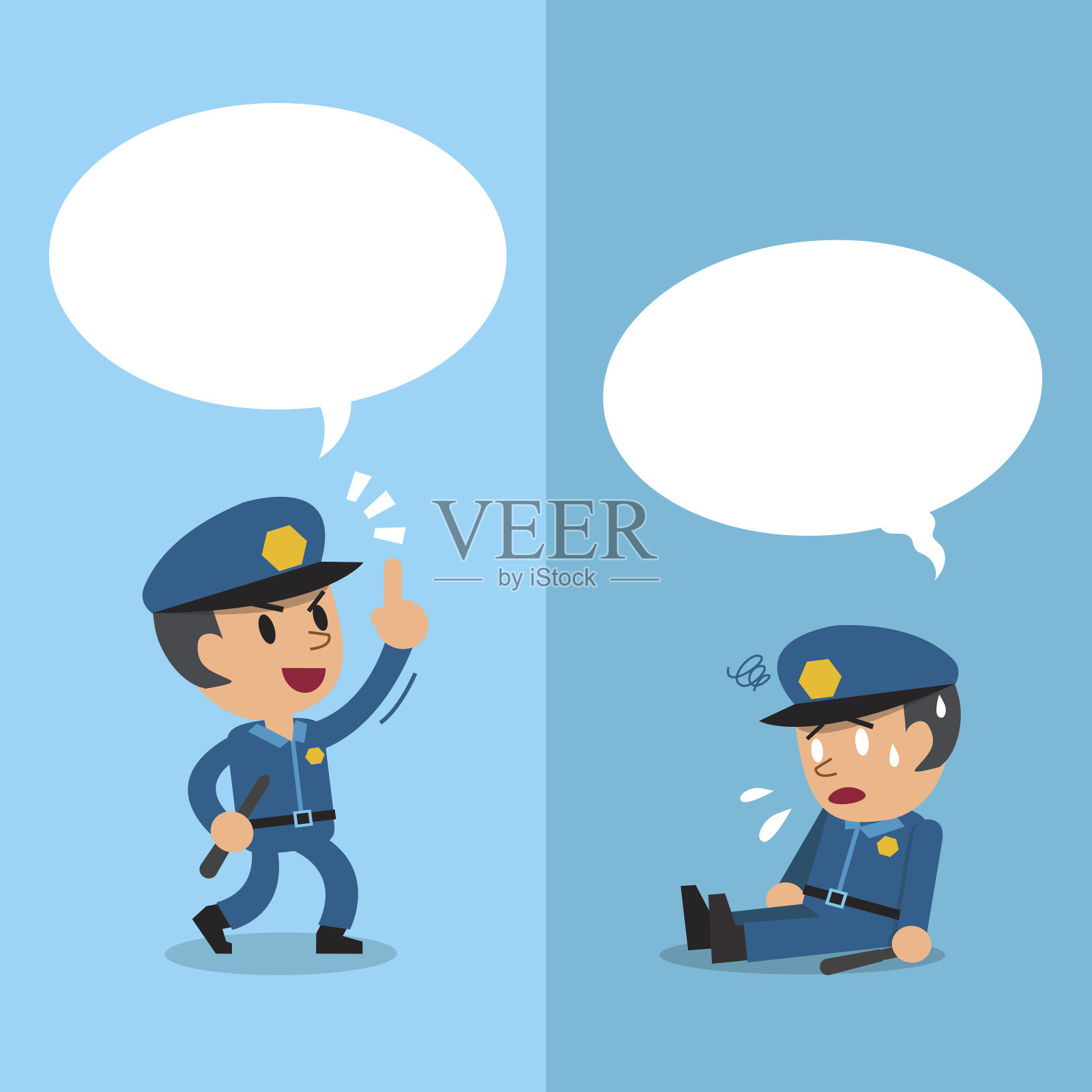 卡通警察用白色气泡表达不同的情感插画图片素材