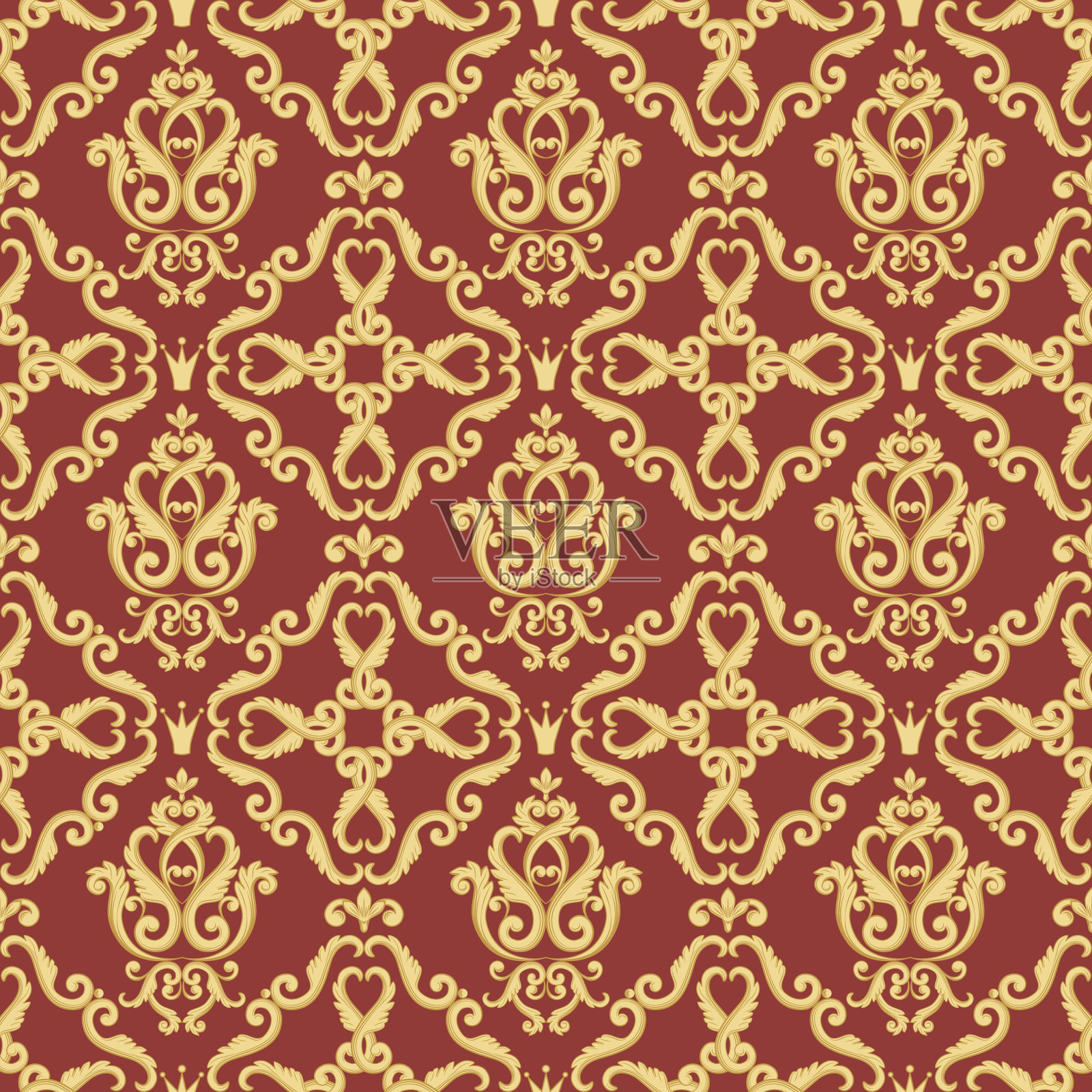 无缝大马士革图案。金色和红色纹理插画图片素材