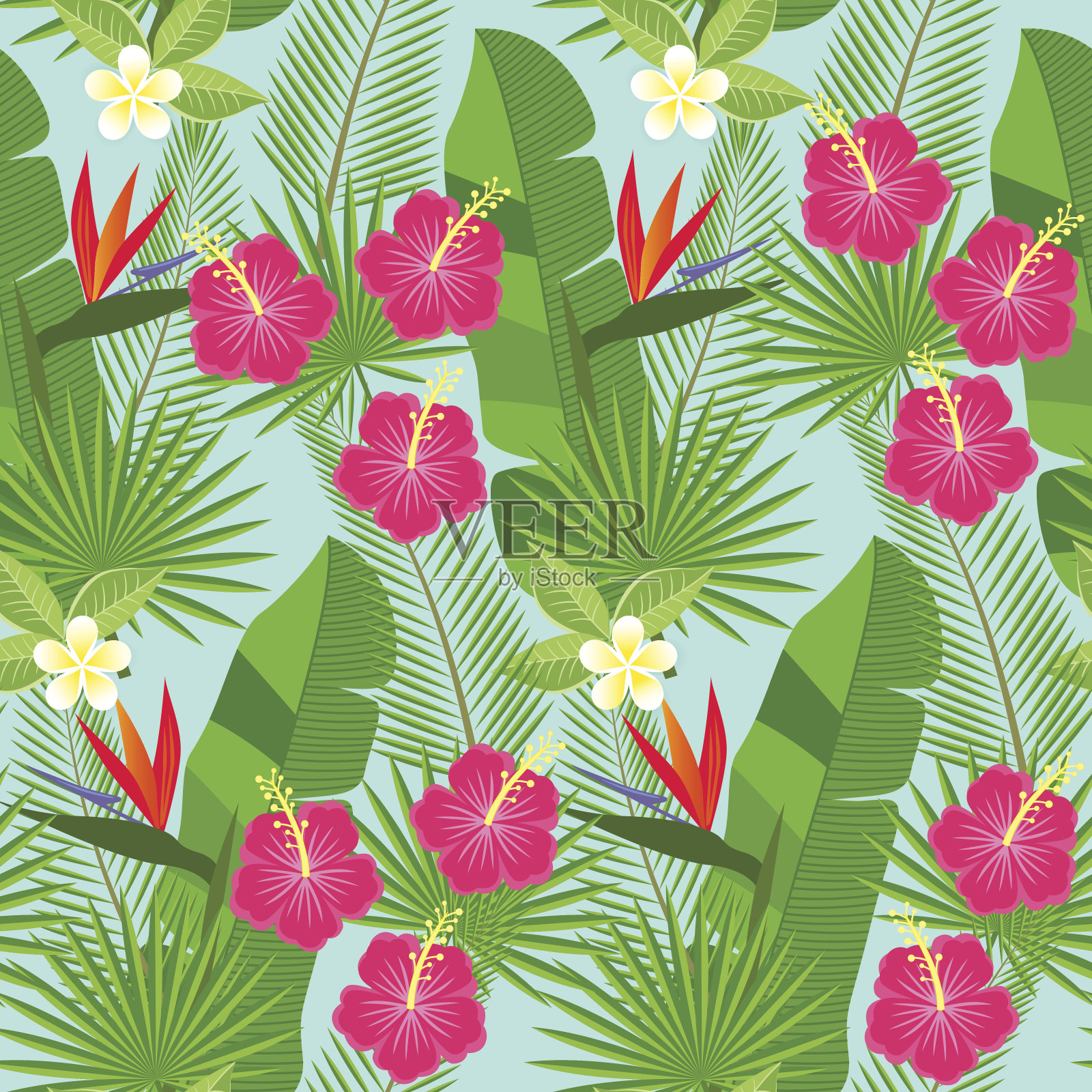 无缝热带叶和花插画图片素材