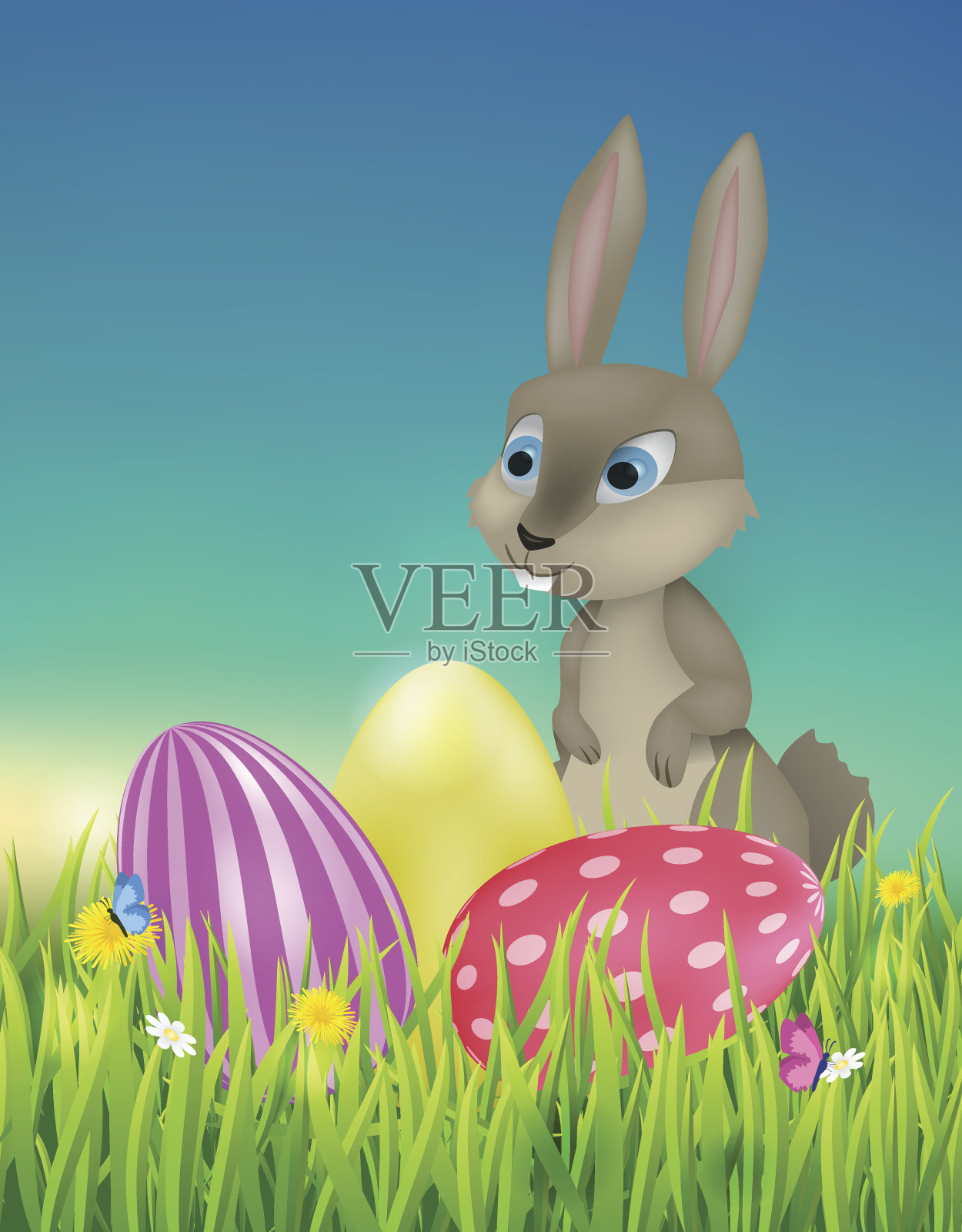 带有兔子和鸡蛋的复活节卡片。插画图片素材