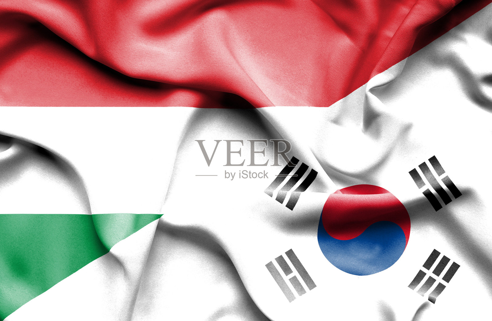 挥舞着韩国和匈牙利的国旗照片摄影图片