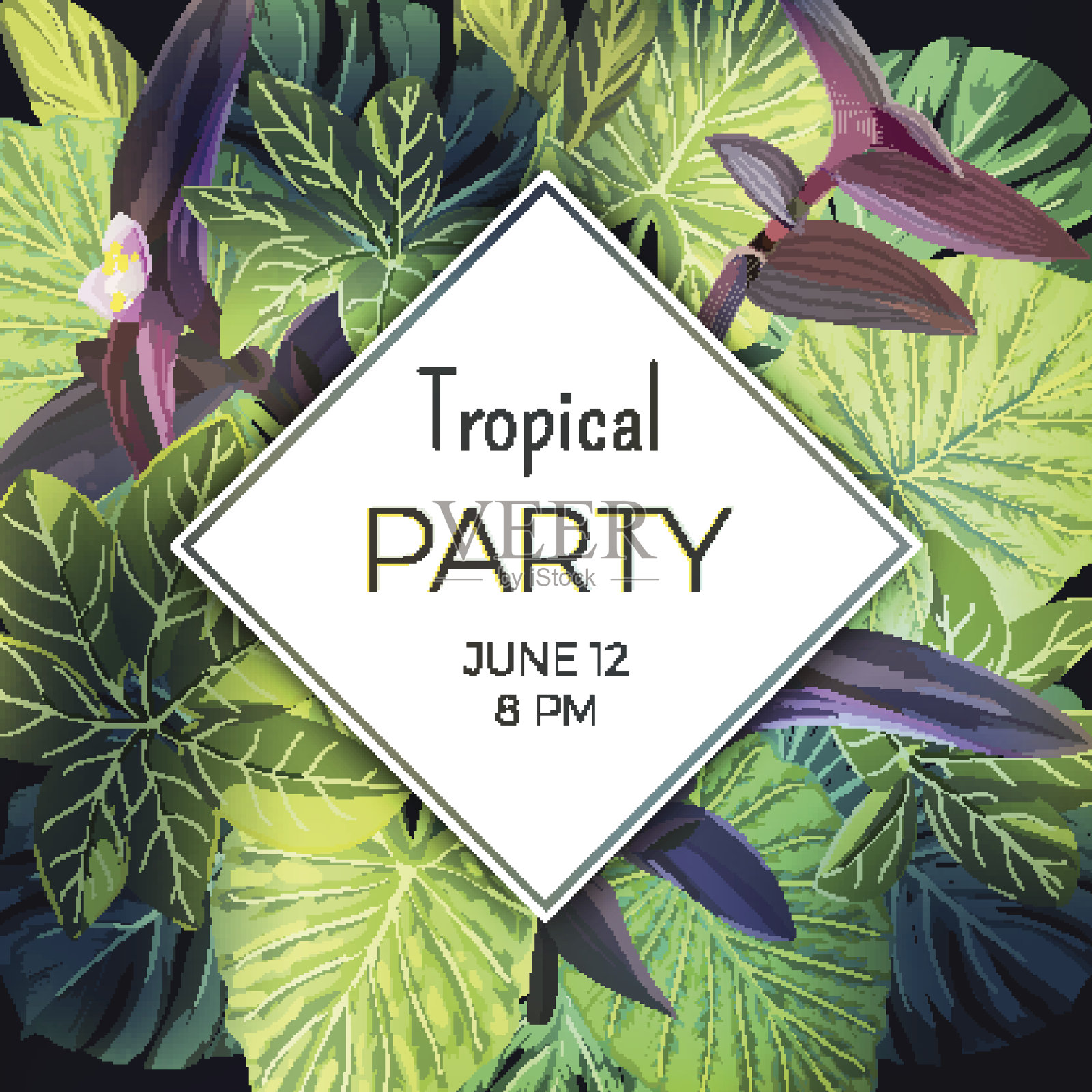 夏日热带派对传单模板与棕榈叶和异国情调的紫色花。向量的背景设计模板素材