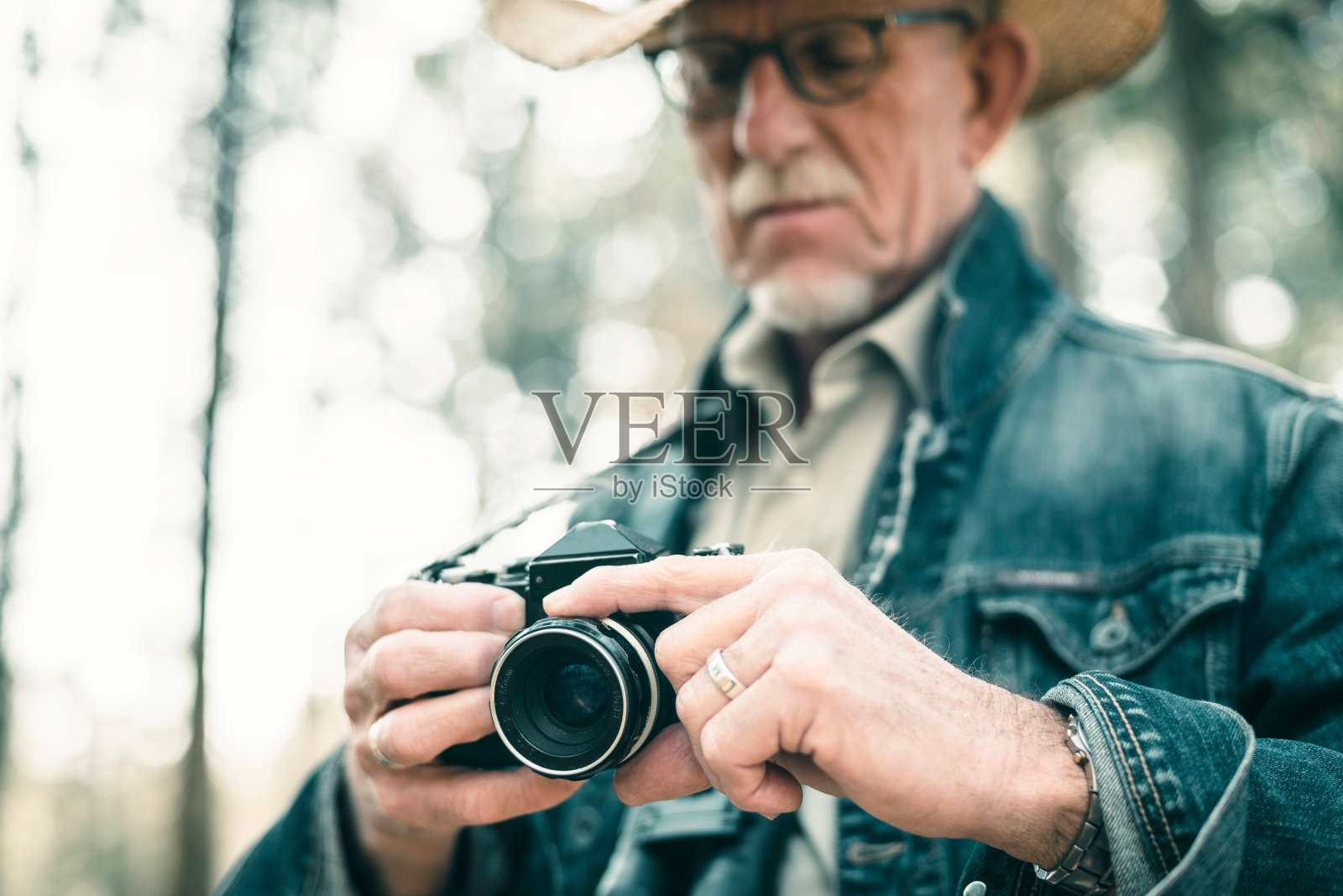 森林调整相机高级摄影师。照片摄影图片