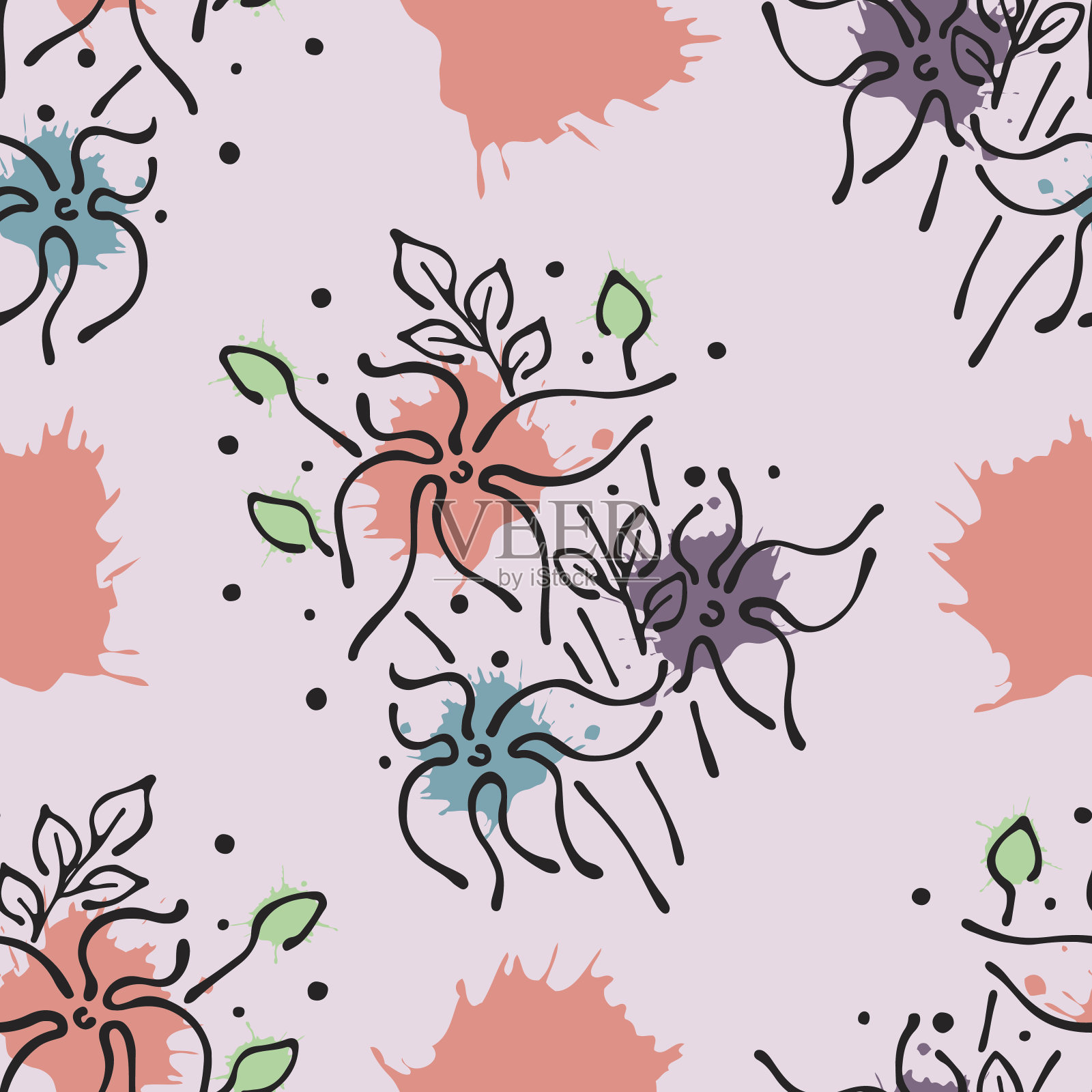 矢量无缝花卉图案与花，叶，装饰元素，飞溅，斑点，drop手绘轮廓线和笔画素描风格，图形矢量绘图插图插画图片素材