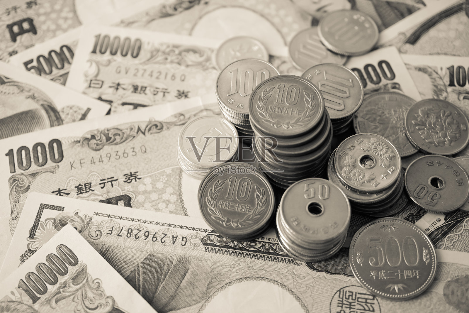 日元纸币和日元硬币的货币概念背景照片摄影图片