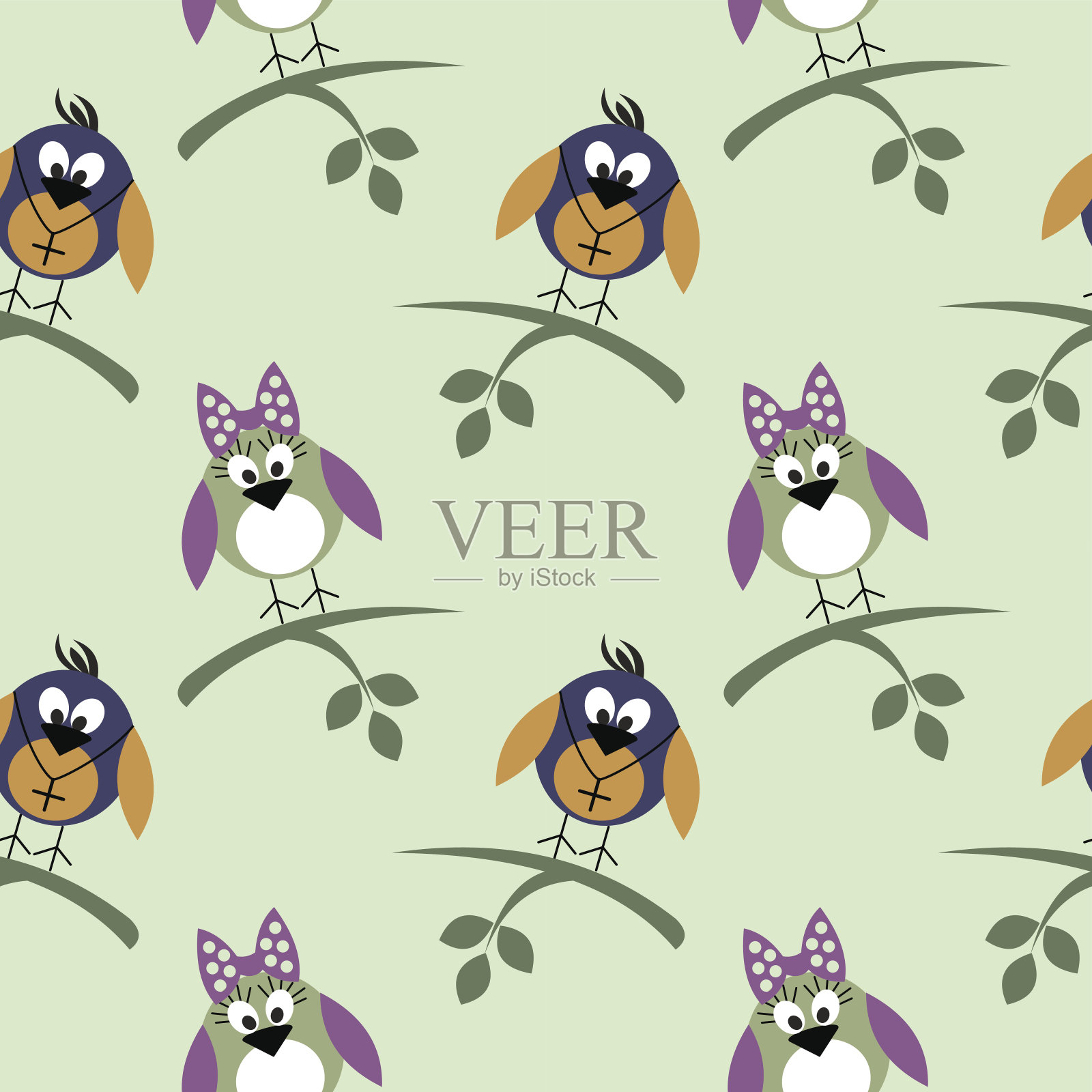 无缝矢量模式与动物，可爱的背景与鸟类和树枝与树叶。动物和昆虫无缝图案系列。设计元素图片