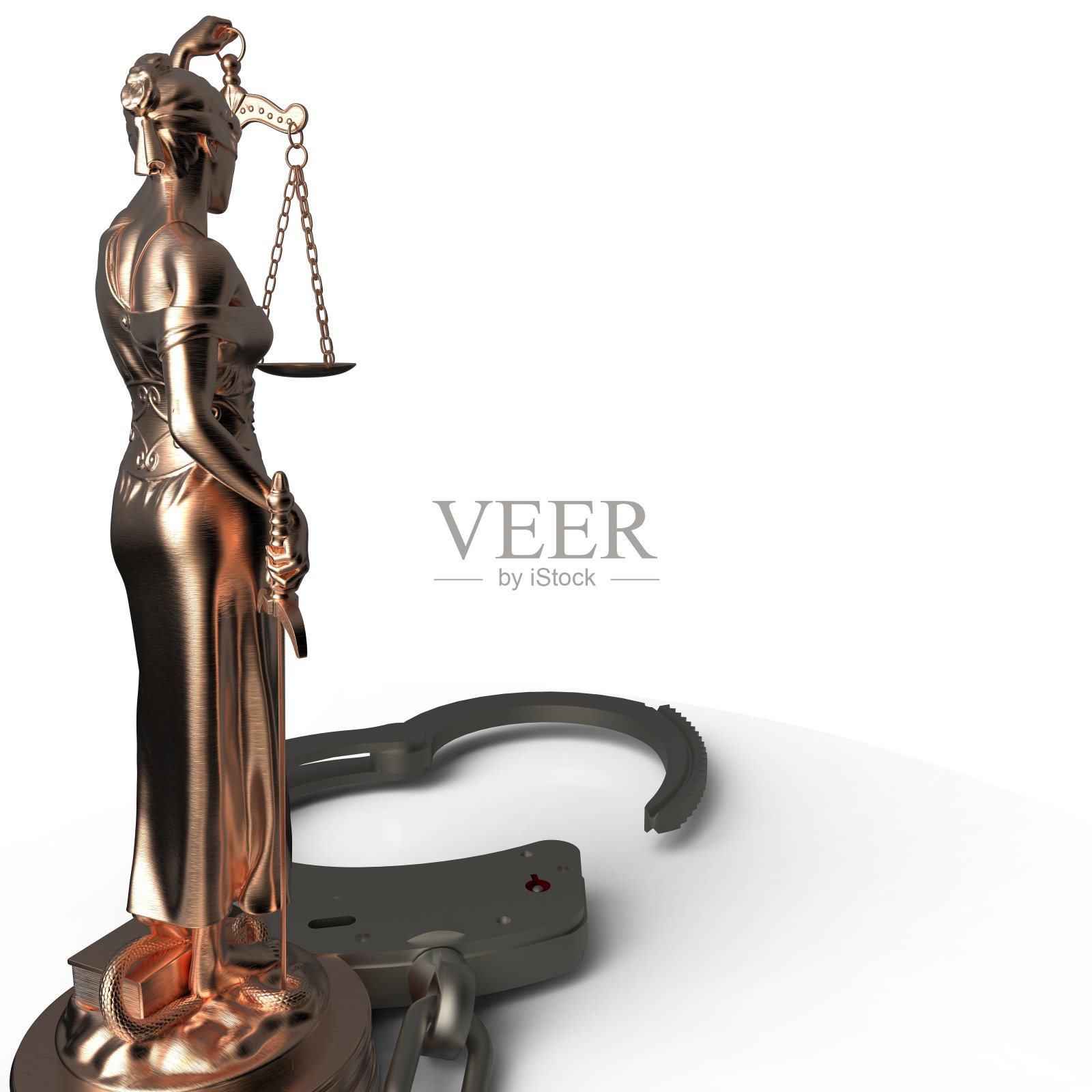 正义女神雕像和手铐3d渲染照片摄影图片