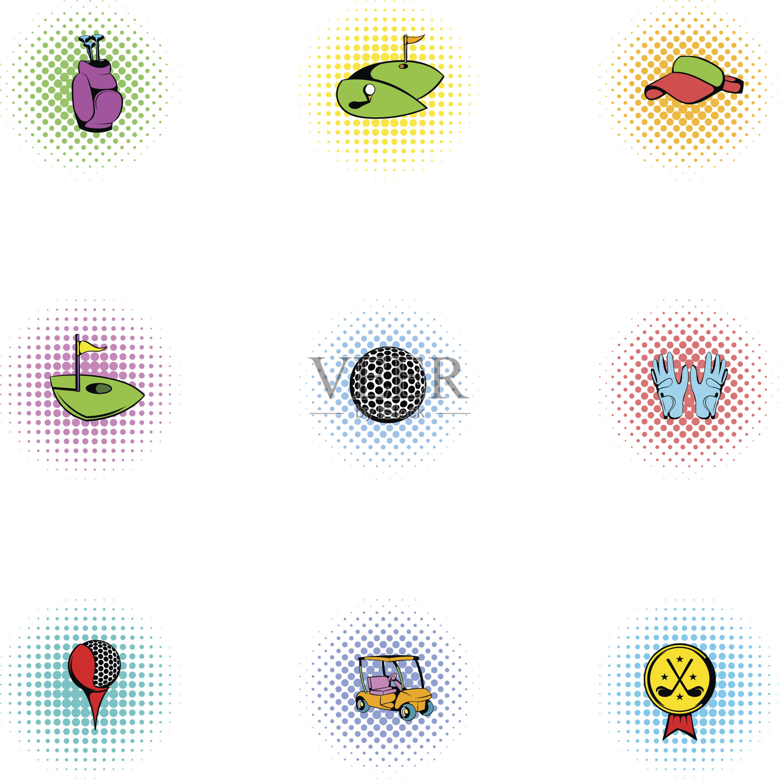 运动高尔夫图标设置，波普艺术风格图标素材