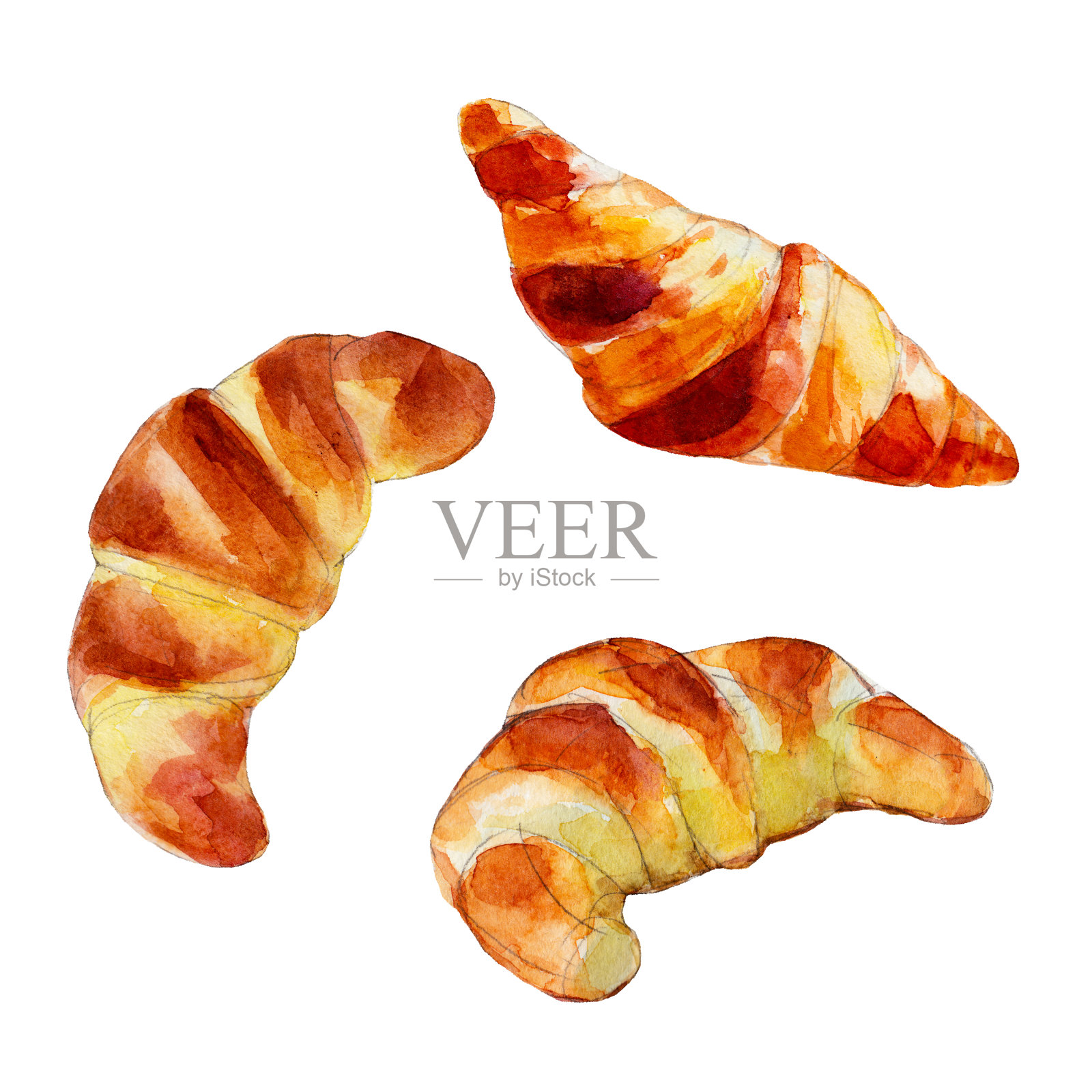 羊角面包集，水彩插图手绘风格。插画图片素材