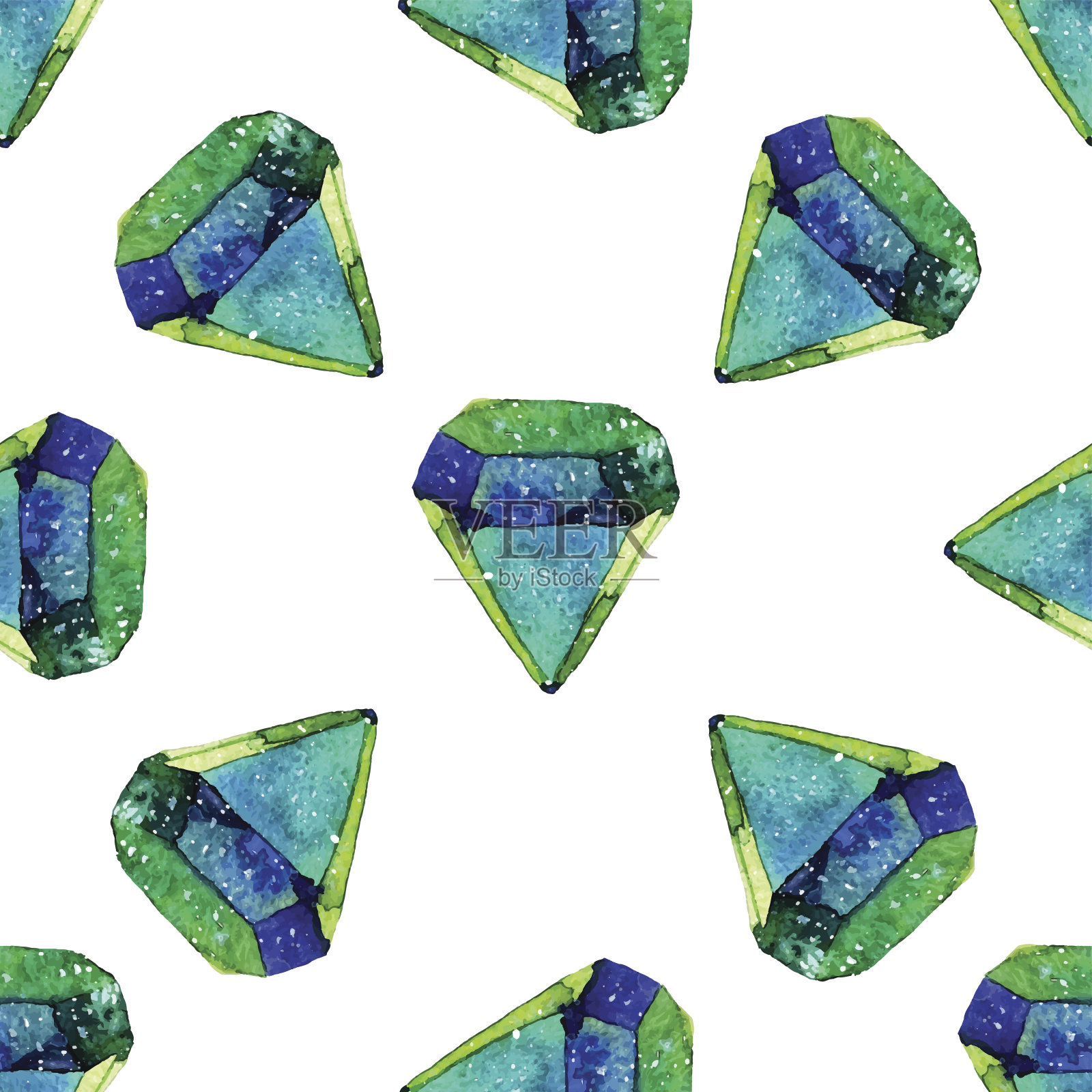 矢量水彩插图的钻石晶体-无缝模式。石珠宝背景。可用于纺织品设计、墙纸。刷图元素。宝石质地。插画图片素材