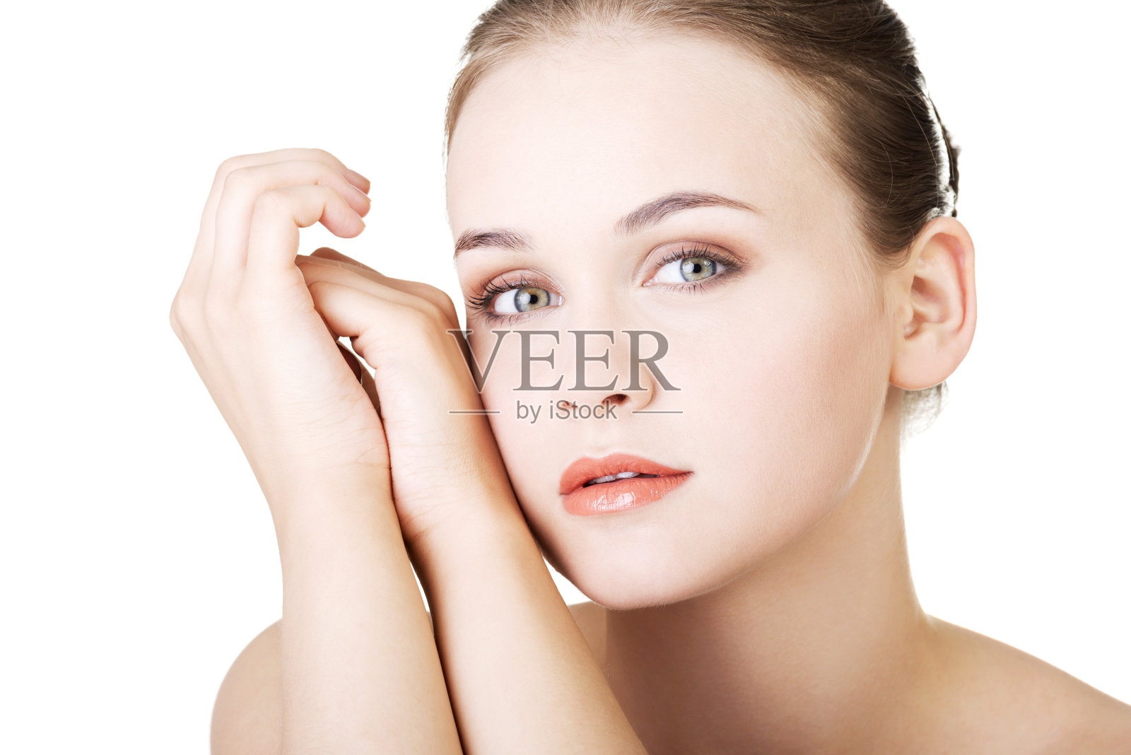 美丽的半裸女人的肖像。照片摄影图片