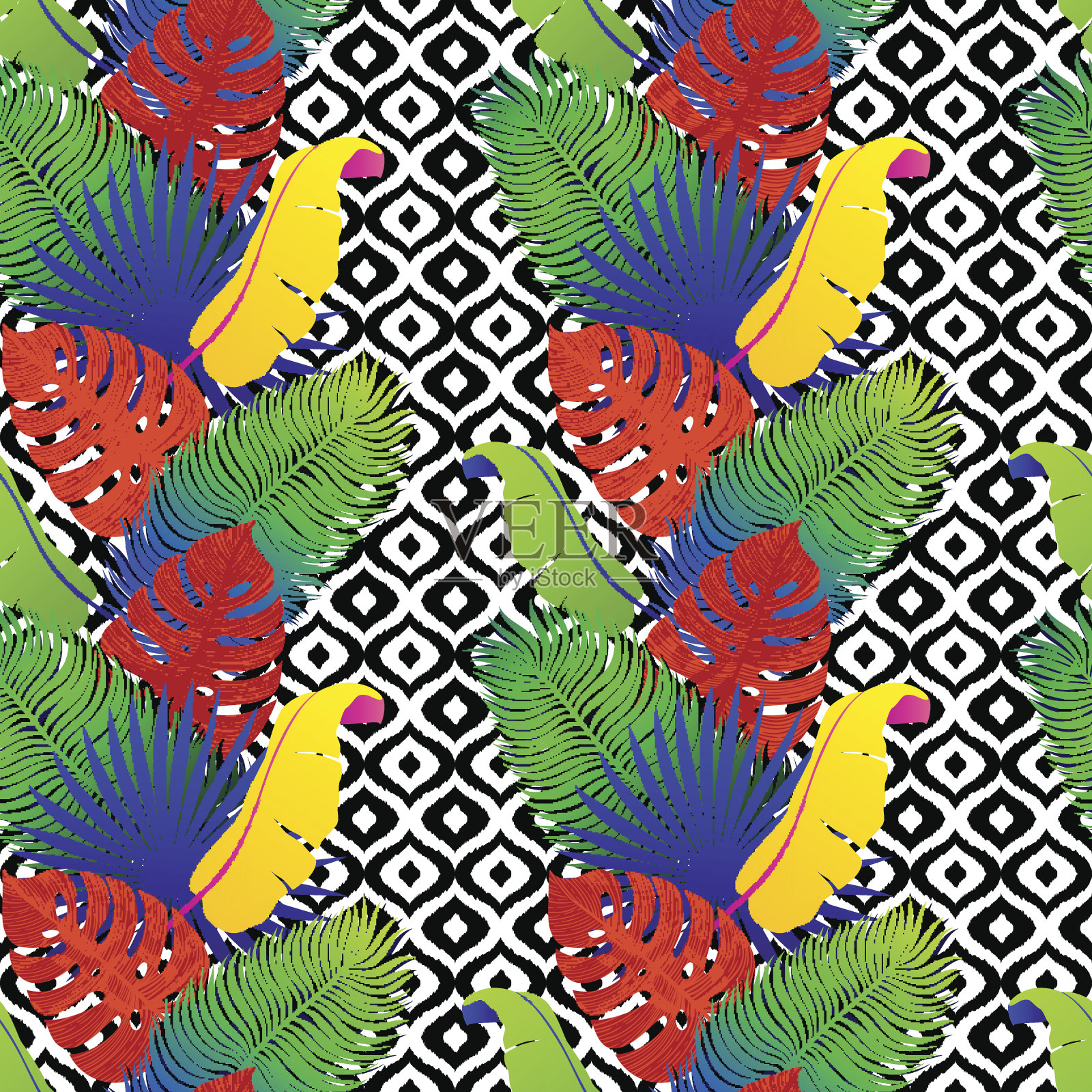 热带无缝模式与异国情调的生动的树叶在黑色和白色的部落背景。怪兽，棕榈，香蕉叶。奇异的纺织植物设计。夏天丛林的设计。夏威夷风格插画图片素材