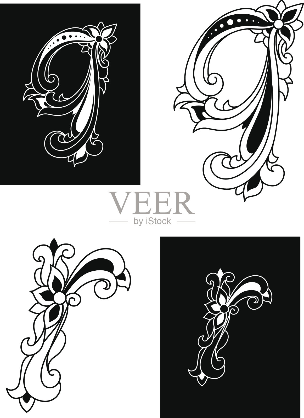 花的装饰字母Q和R插画图片素材