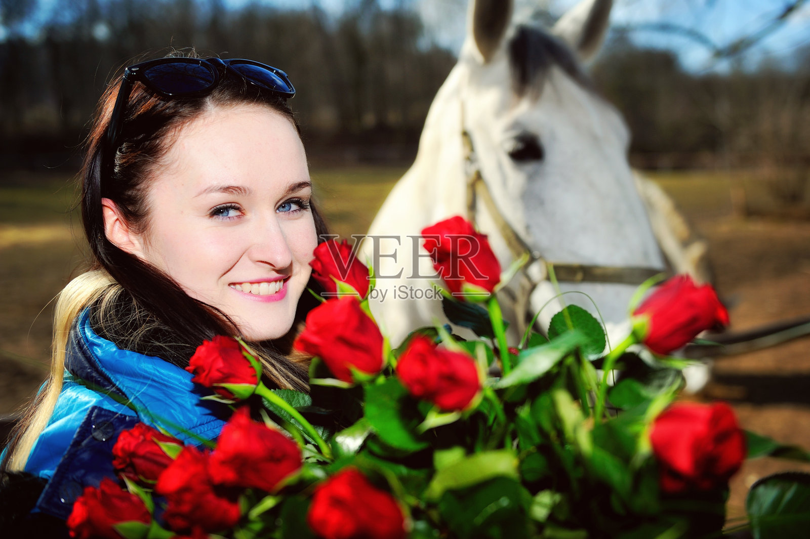 漂亮的年轻女子，带着一束玫瑰和一匹白马照片摄影图片