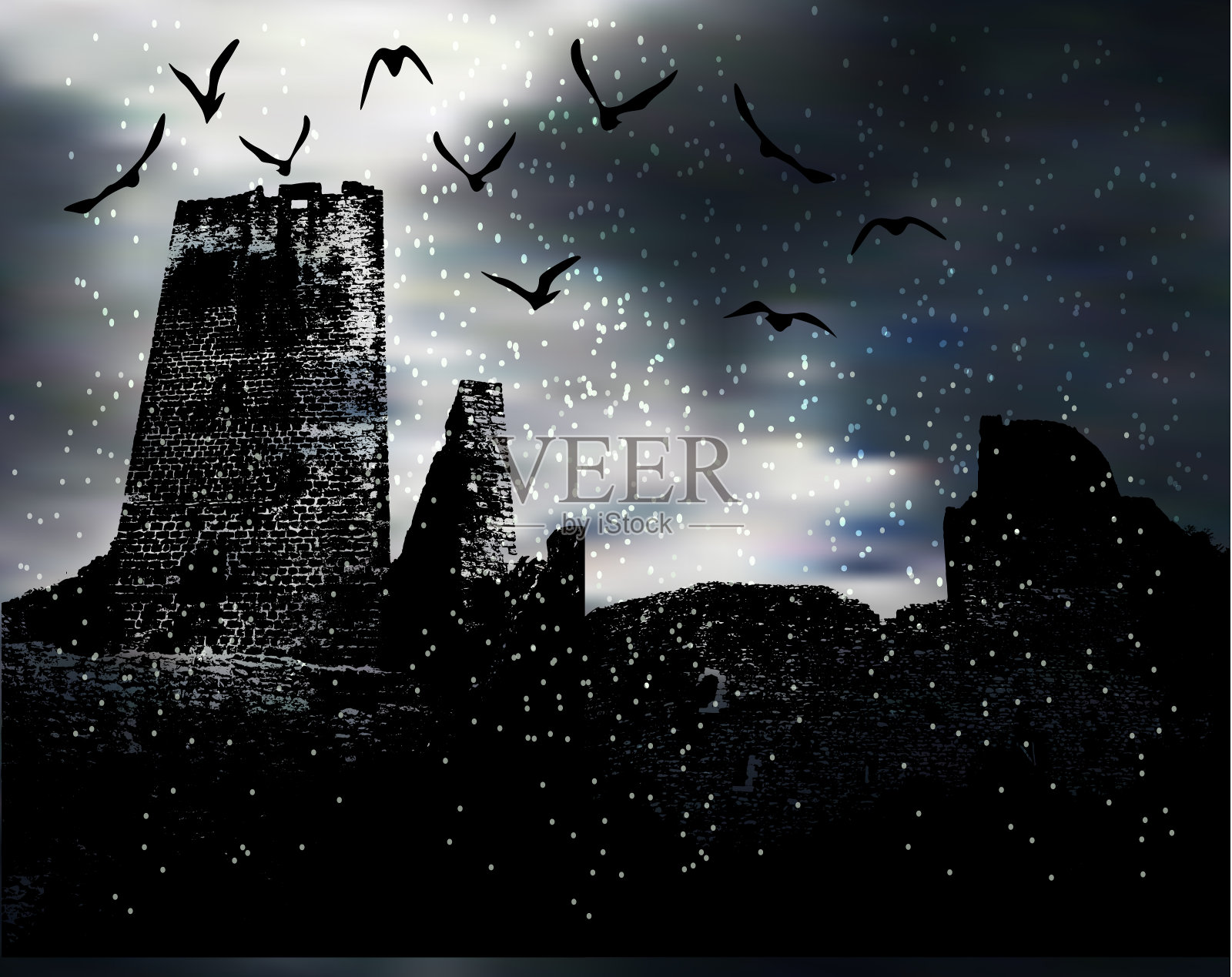 万圣节景观与飞雪和黑暗城堡的废墟照片摄影图片