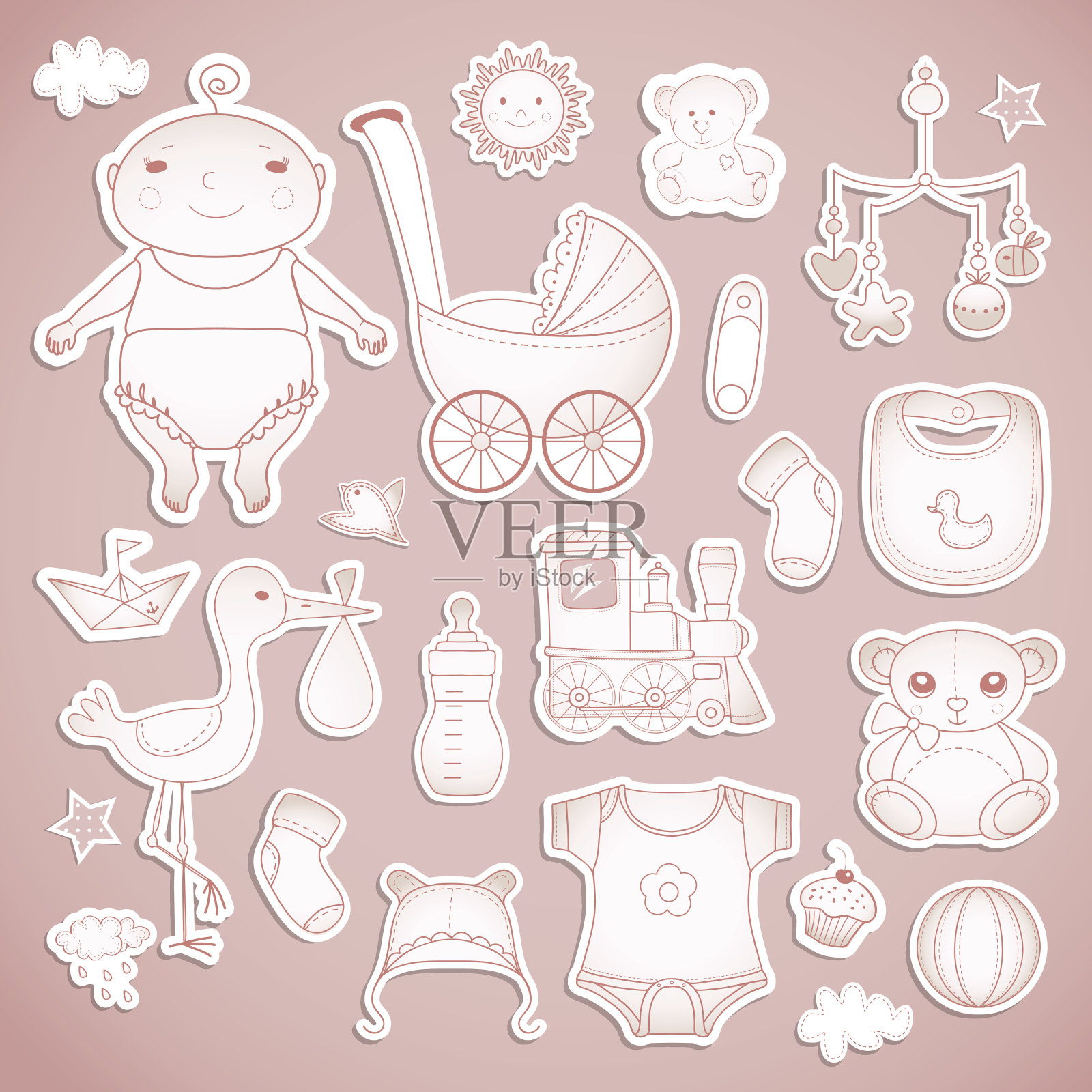 婴儿洗澡。可爱的纸标签。插画图片素材