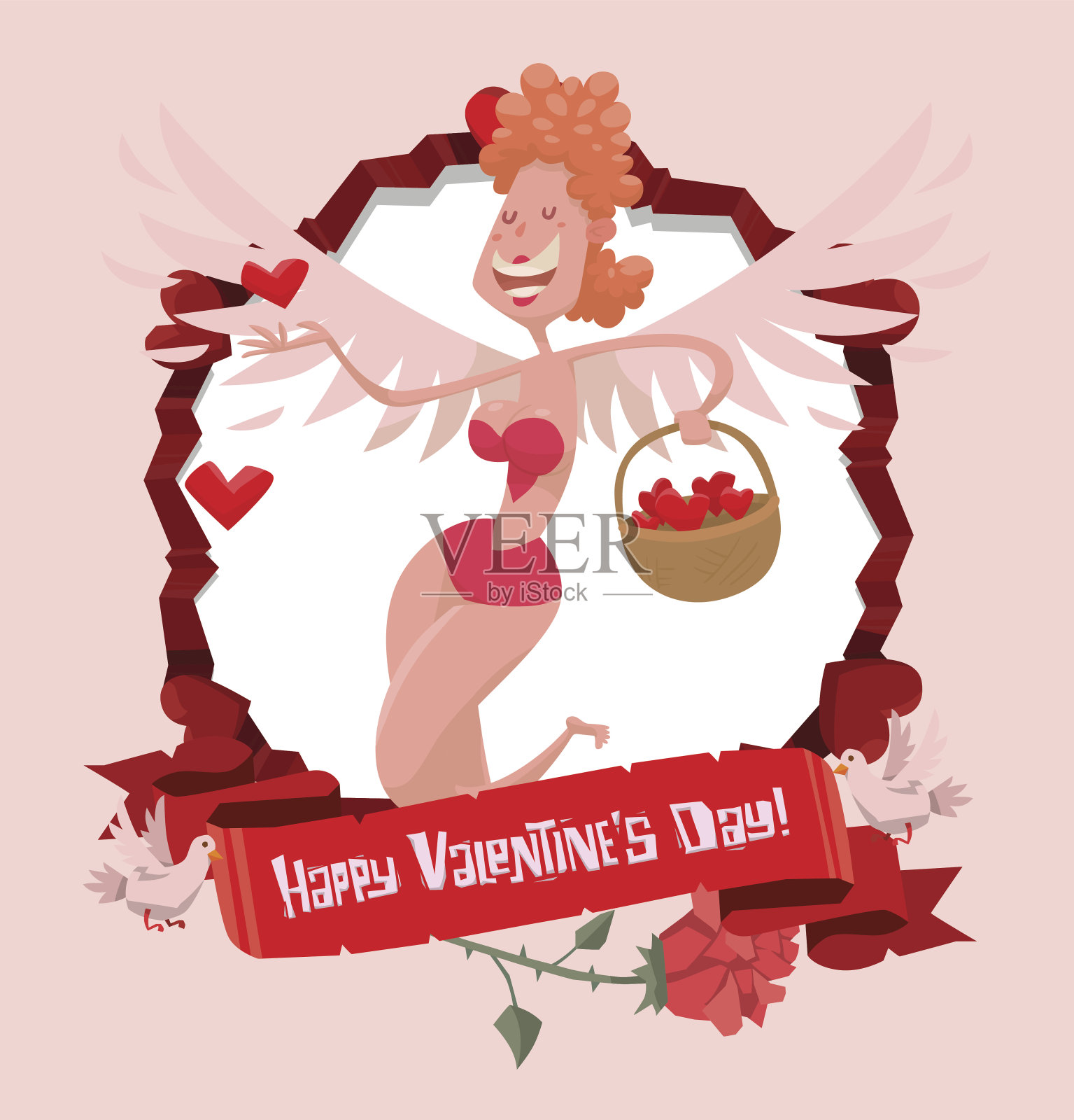 漂亮的女丘比特与红心象征篮，相框插画图片素材