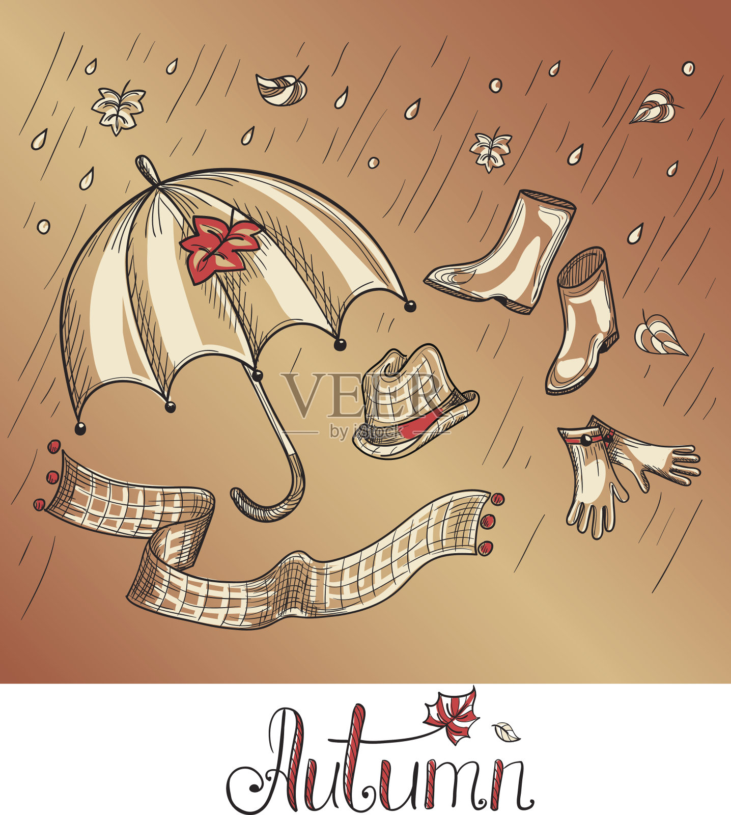 秋季服装和配饰的素描插画图片素材