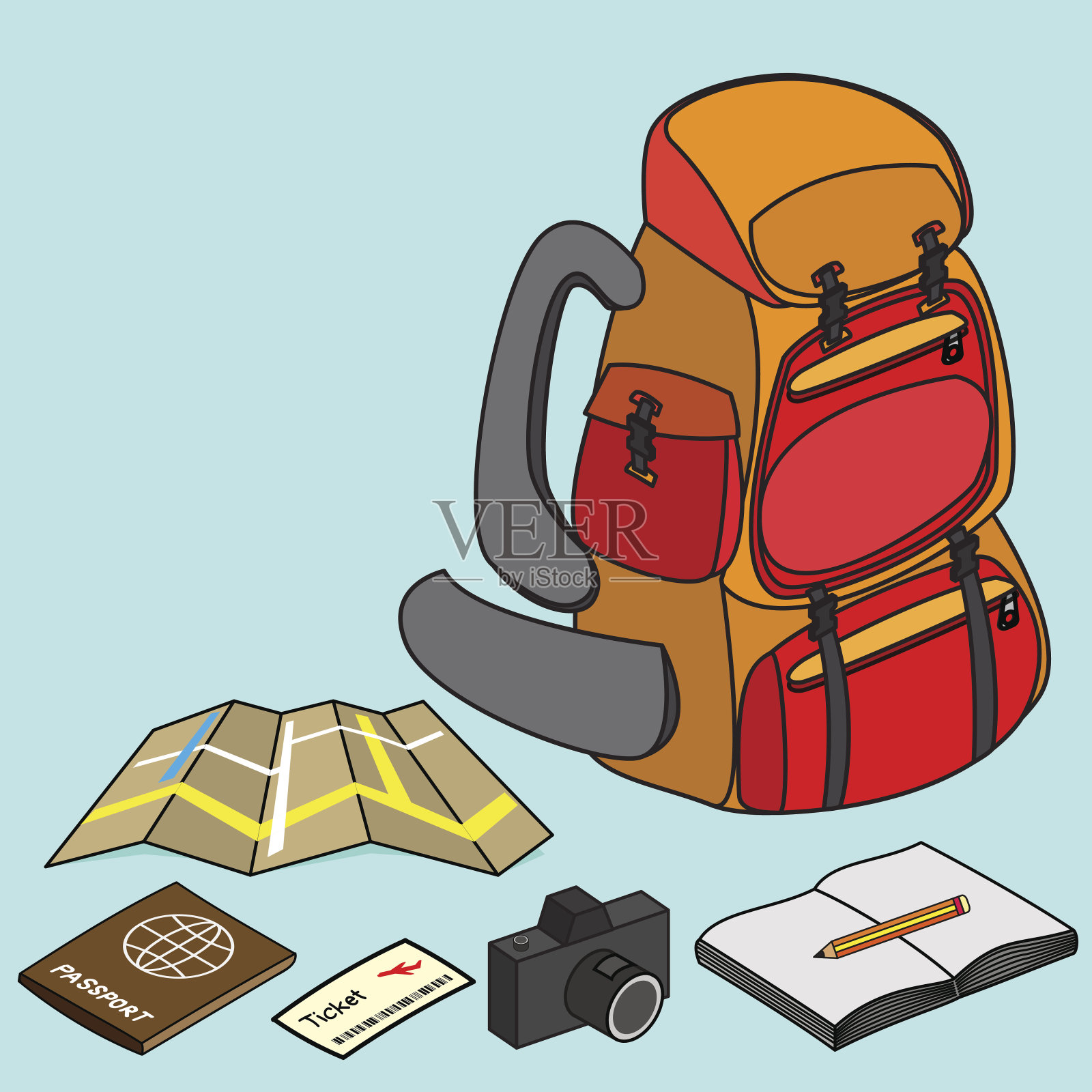 携带旅行物品的背包客插画图片素材