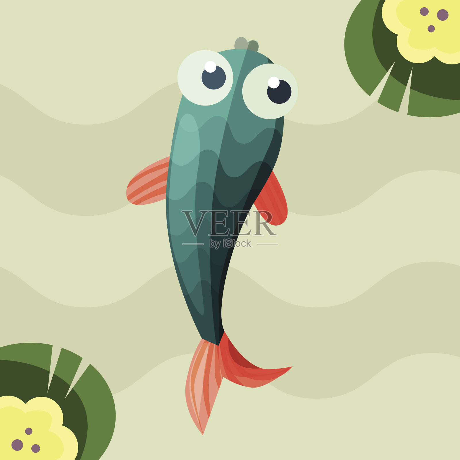 荷花池塘里的小鱼插画图片素材