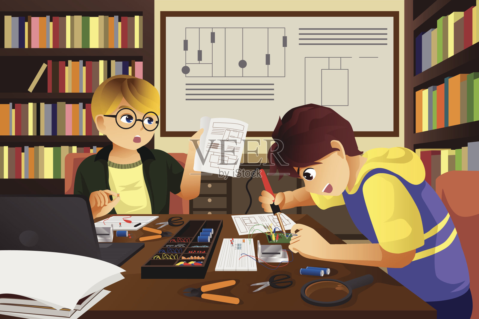 两个孩子在做一个电子项目插画图片素材