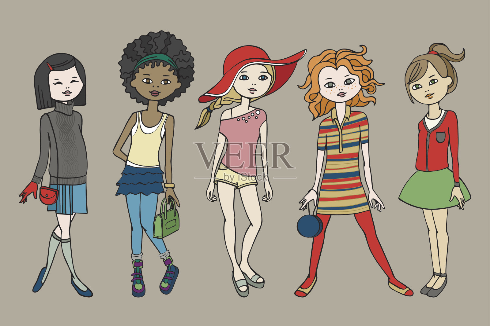 сute十几岁的女孩在时尚的服装插画图片素材