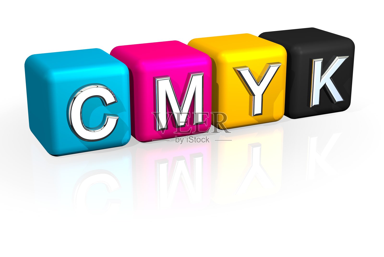 CMYK彩色立方体在白色背景上。照片摄影图片
