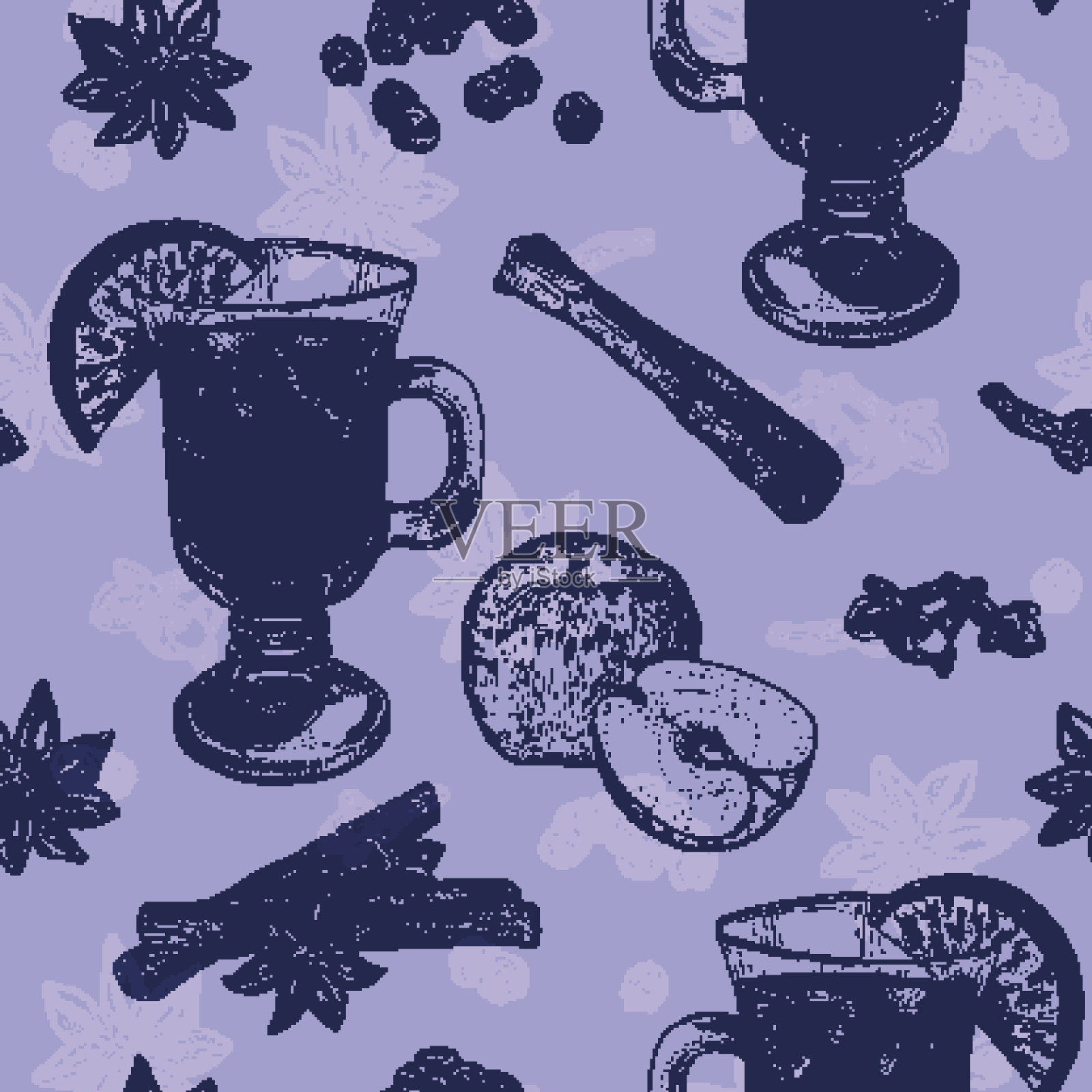 无缝图案紫色与一杯热葡萄酒插画图片素材