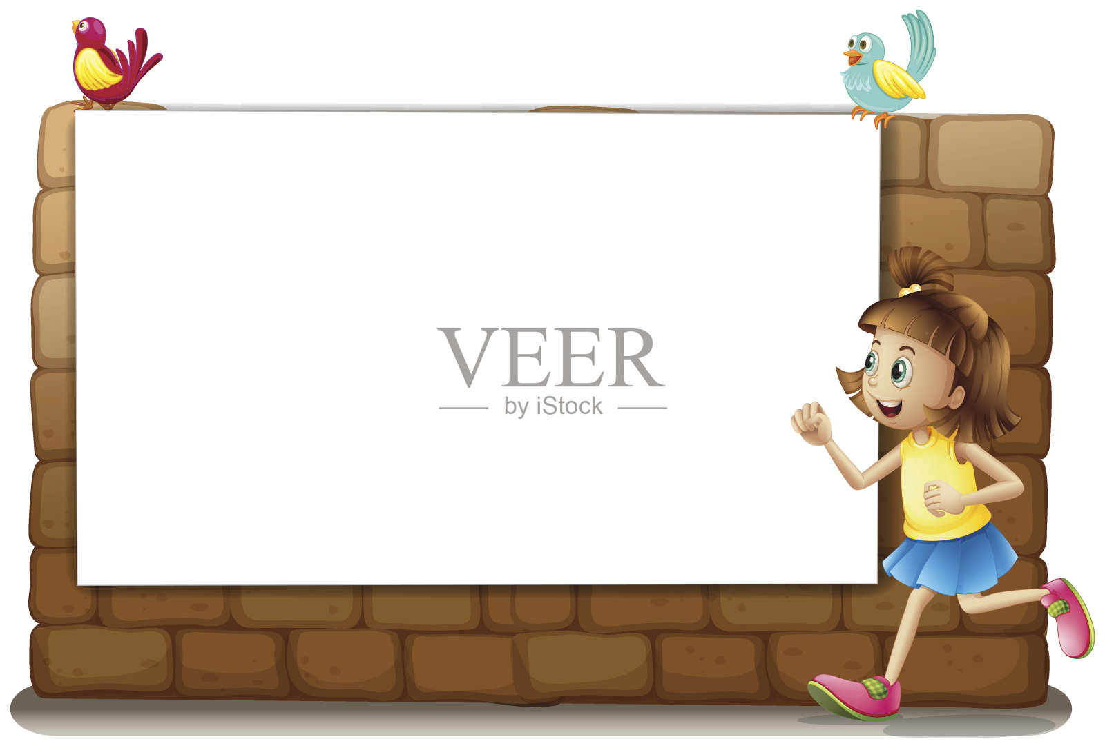 白板，一个女孩和小鸟插画图片素材