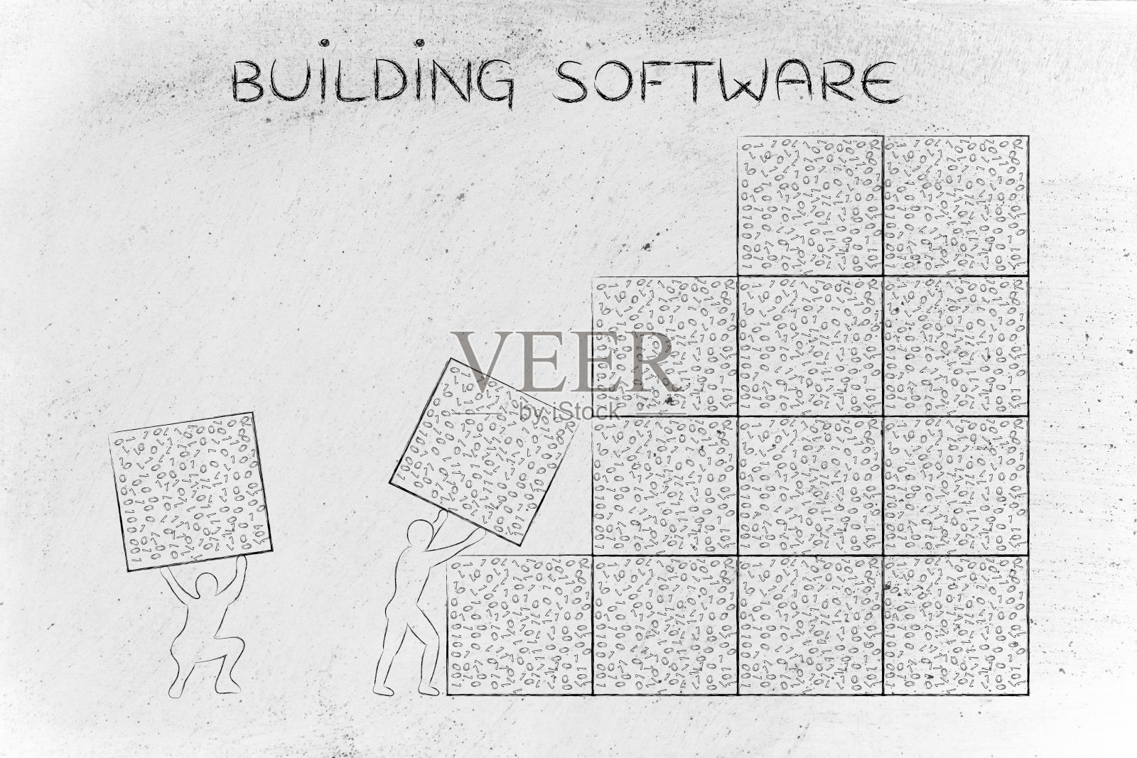 男士们正在搬运杂乱的二进制代码块，构建软件照片摄影图片