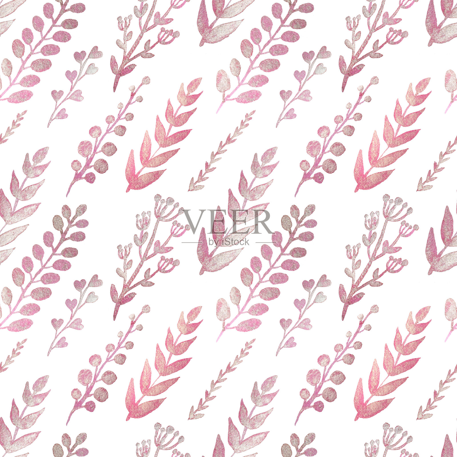 无缝隙图案，白色上有珍珠粉红色的枝叶插画图片素材