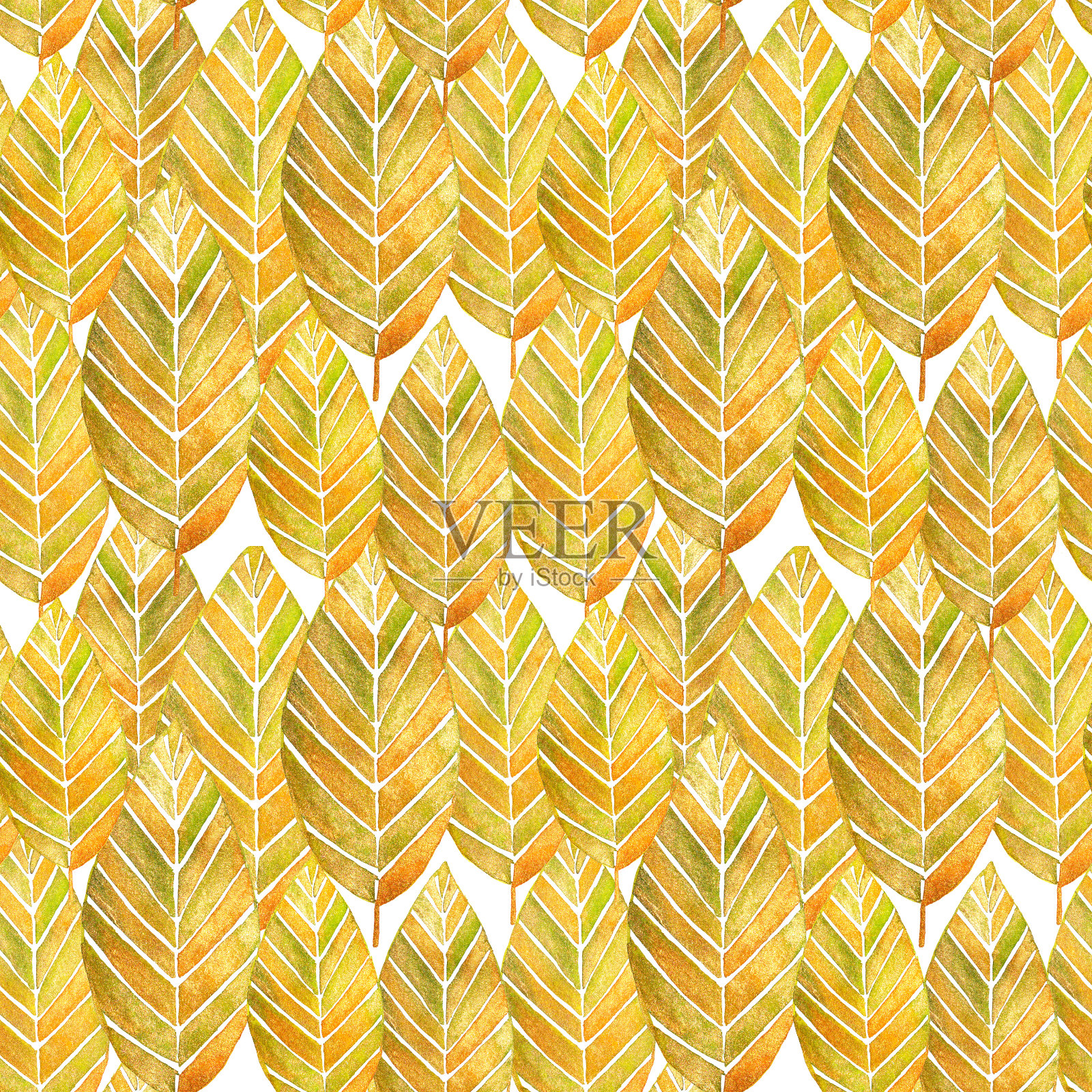 无缝图案与珍珠金黄的热带叶子在白色的背景插画图片素材
