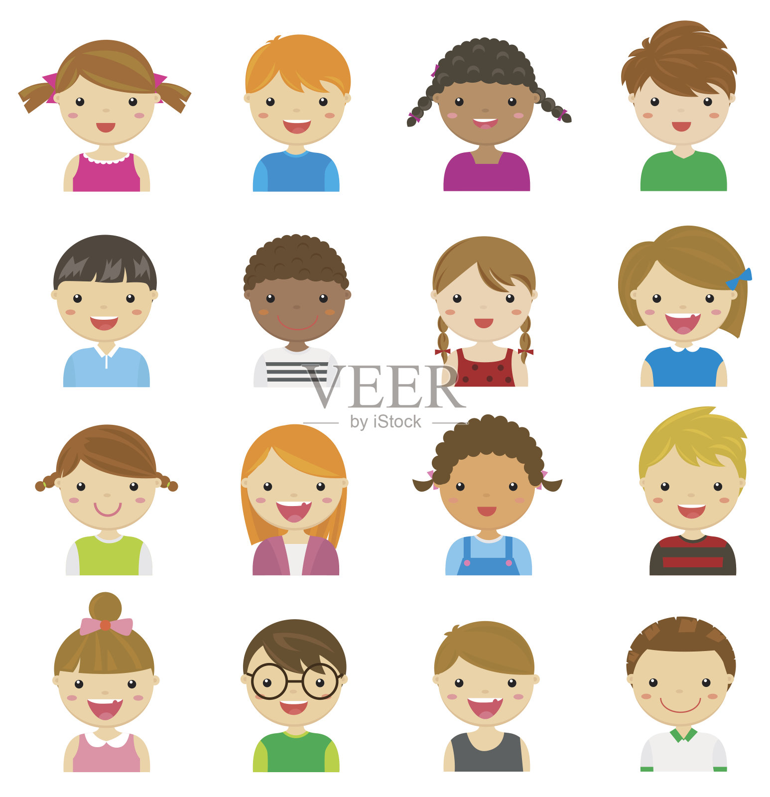 矢量插图组不同的男孩和女孩的形象在一个白色的背景插画图片素材