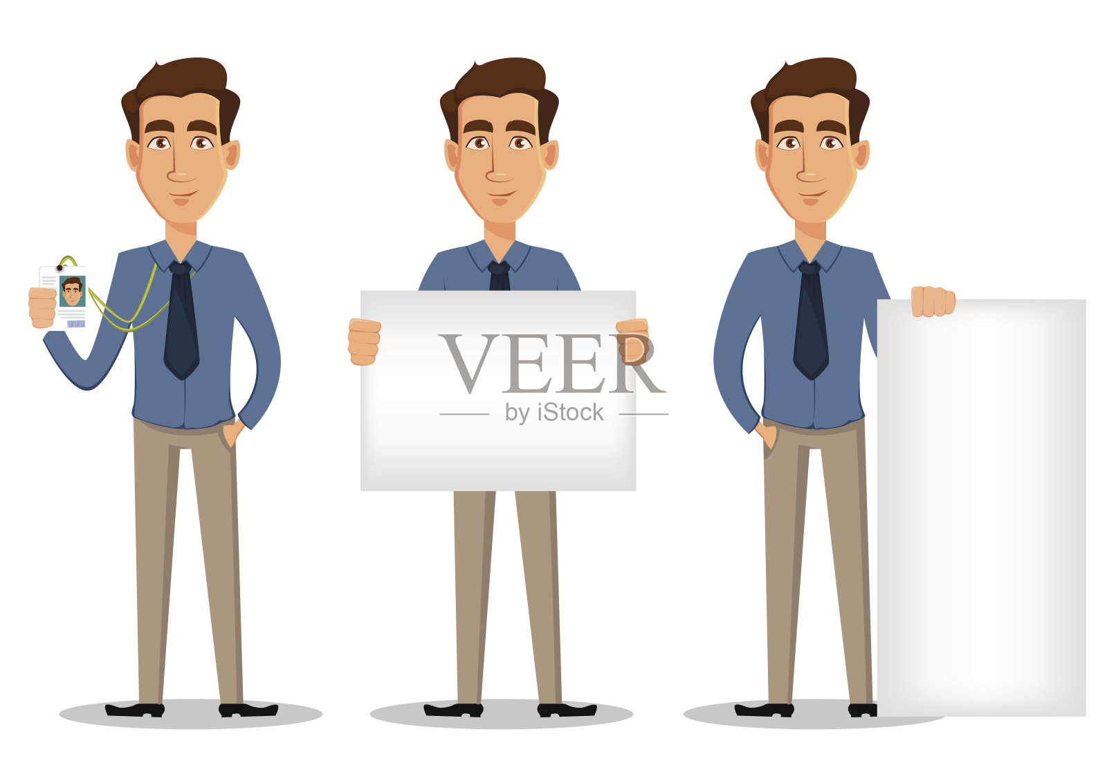 商人，一组3个姿势孤立在白色背景。显示徽章，手持旗帜和站在旗帜-股票向量附近插画图片素材