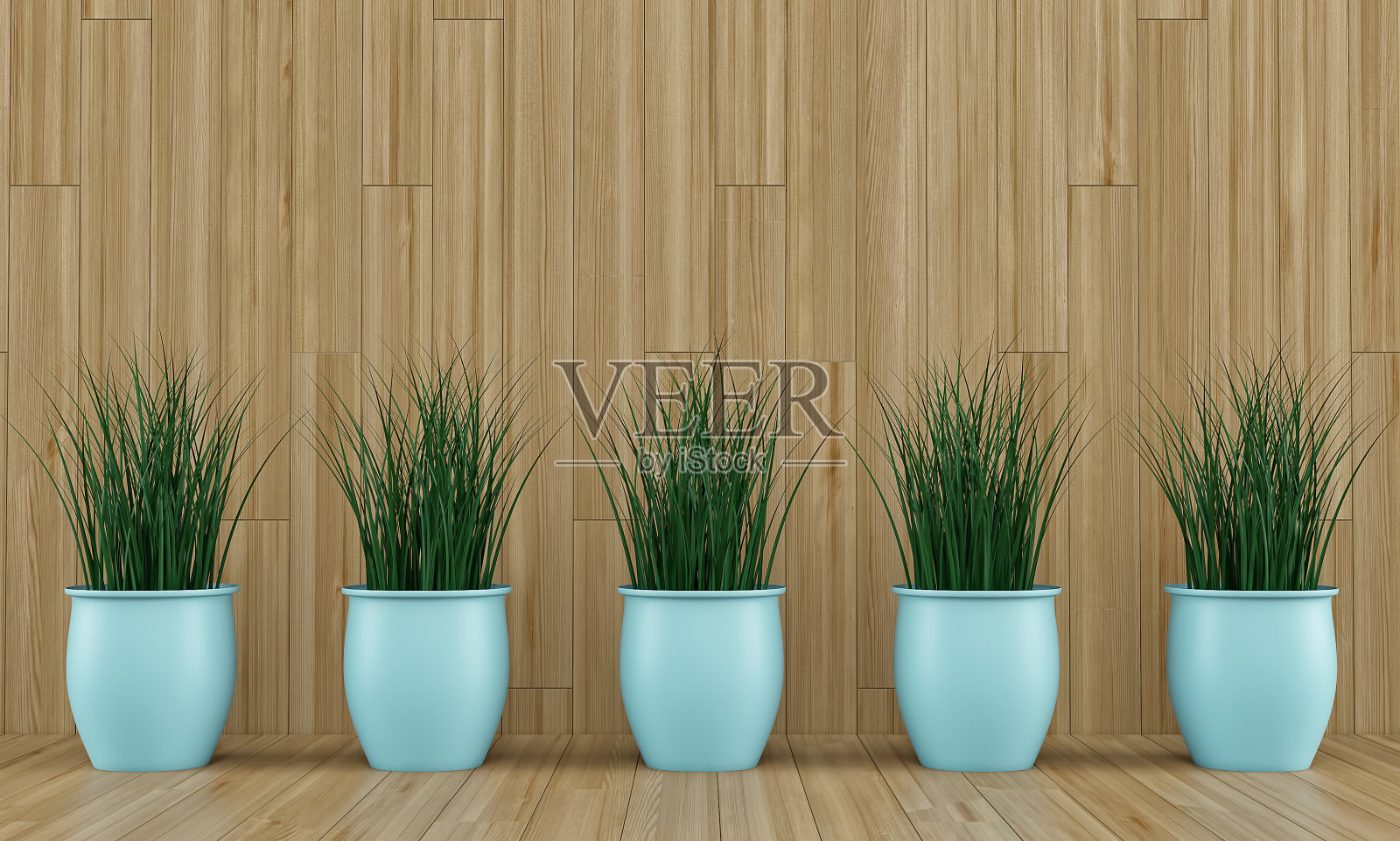 浅木地板上的蓝色植物花瓶。三维渲染照片摄影图片