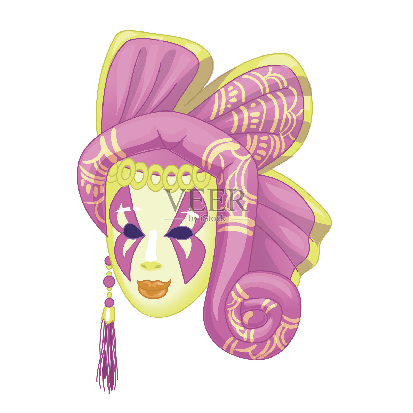 用黄色装饰粉色的面具，神秘女子的脸孤立在白色的背景上。矢量插图。插画图片素材