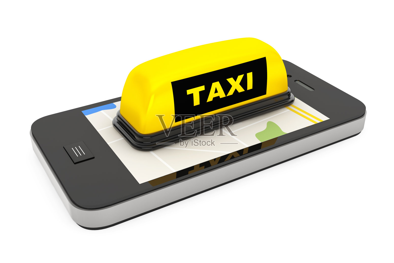 带有手机和地图的出租车标志照片摄影图片