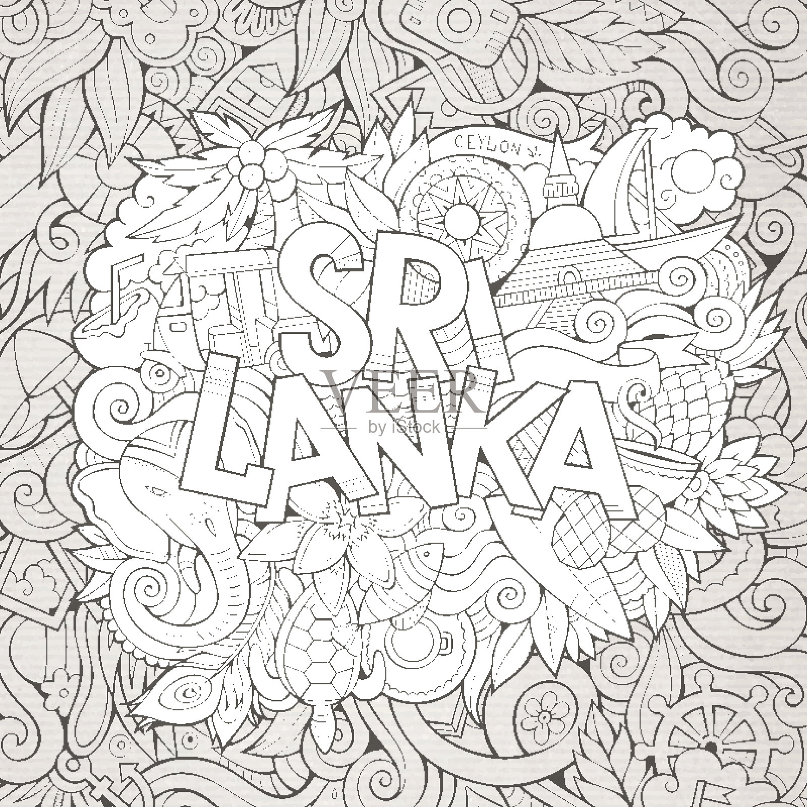 斯里兰卡国家的手写字母和涂鸦元素插画图片素材