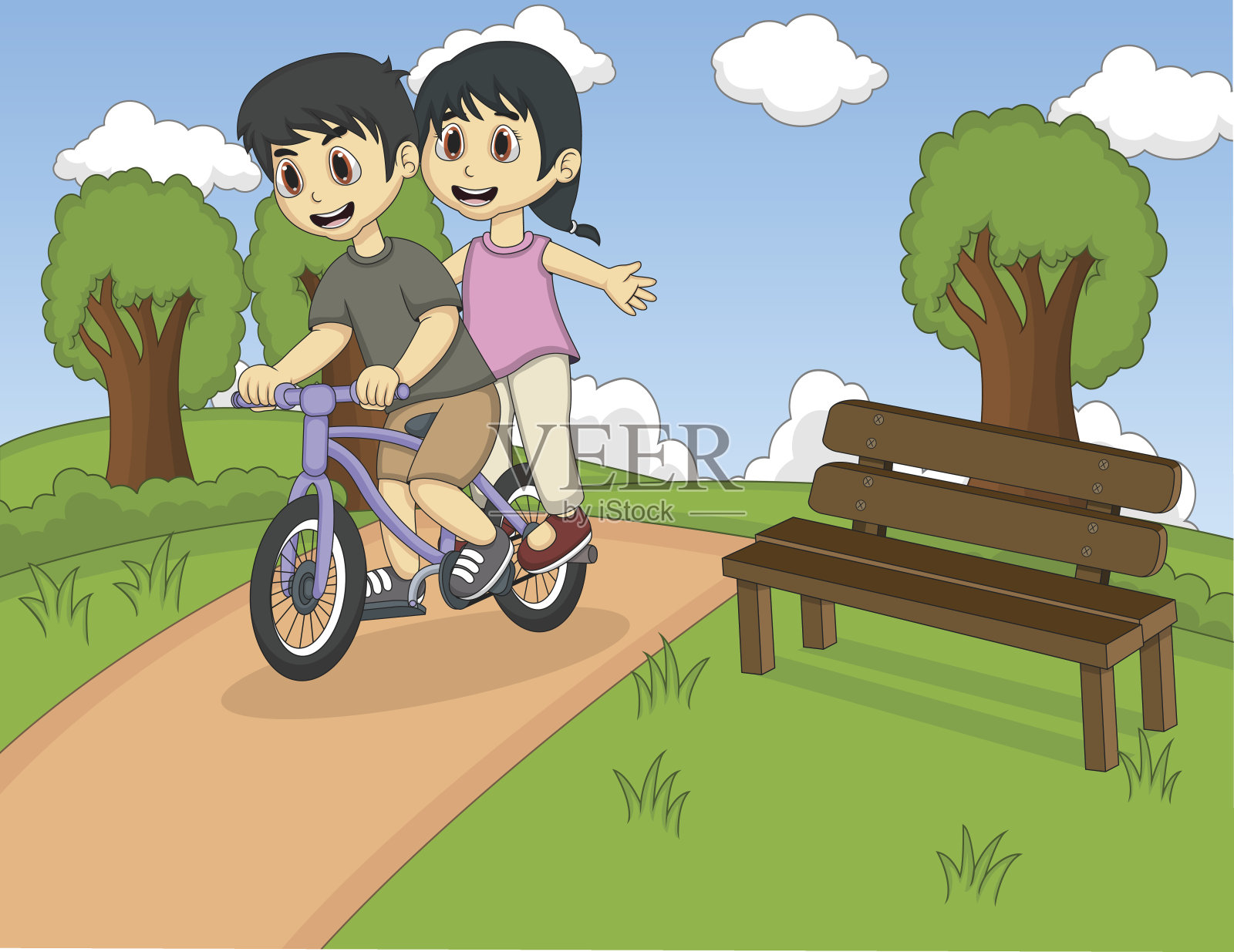 孩子们在公园里骑着自行车卡通插画图片素材