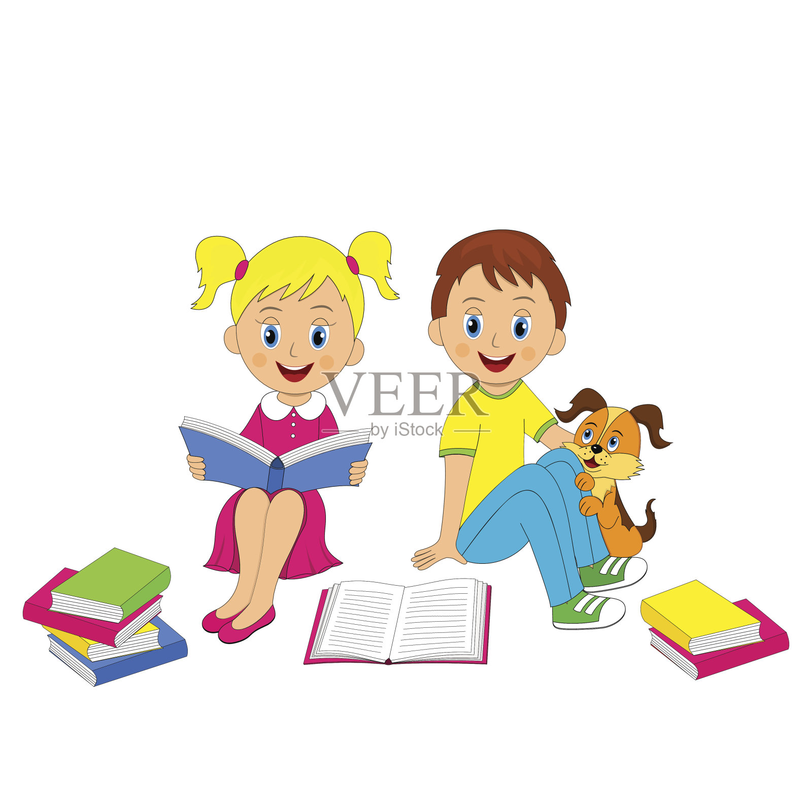 男孩，女孩和狗与书插画图片素材