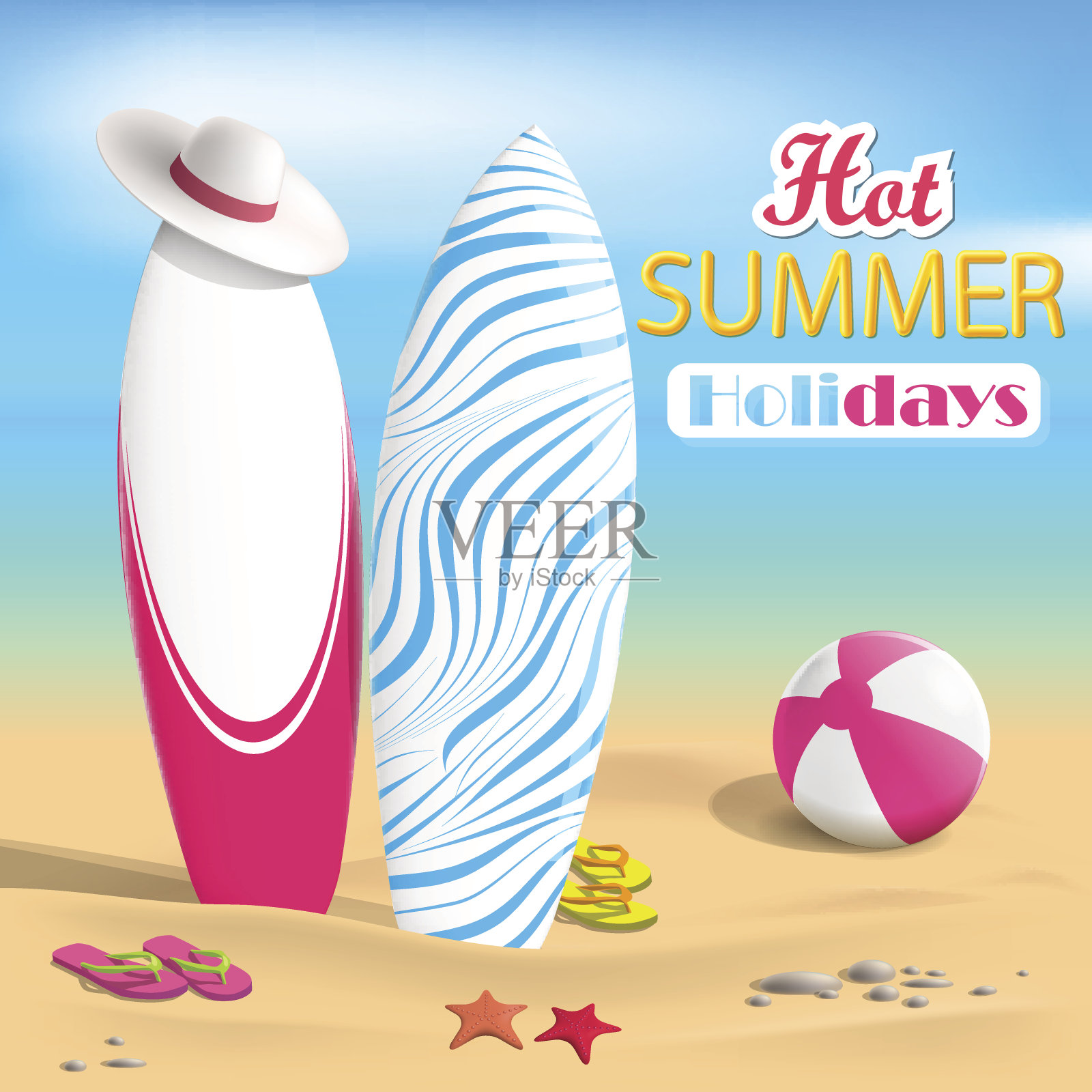 夏天。冲浪板和沙滩球。海中。矢量图插画图片素材
