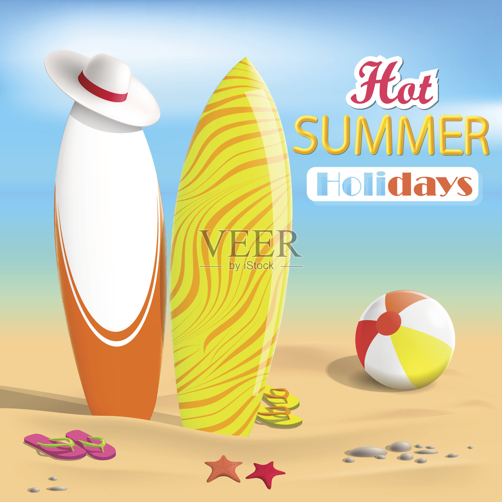 夏天。冲浪板和沙滩球。海中。夏天休息。矢量图插画图片素材