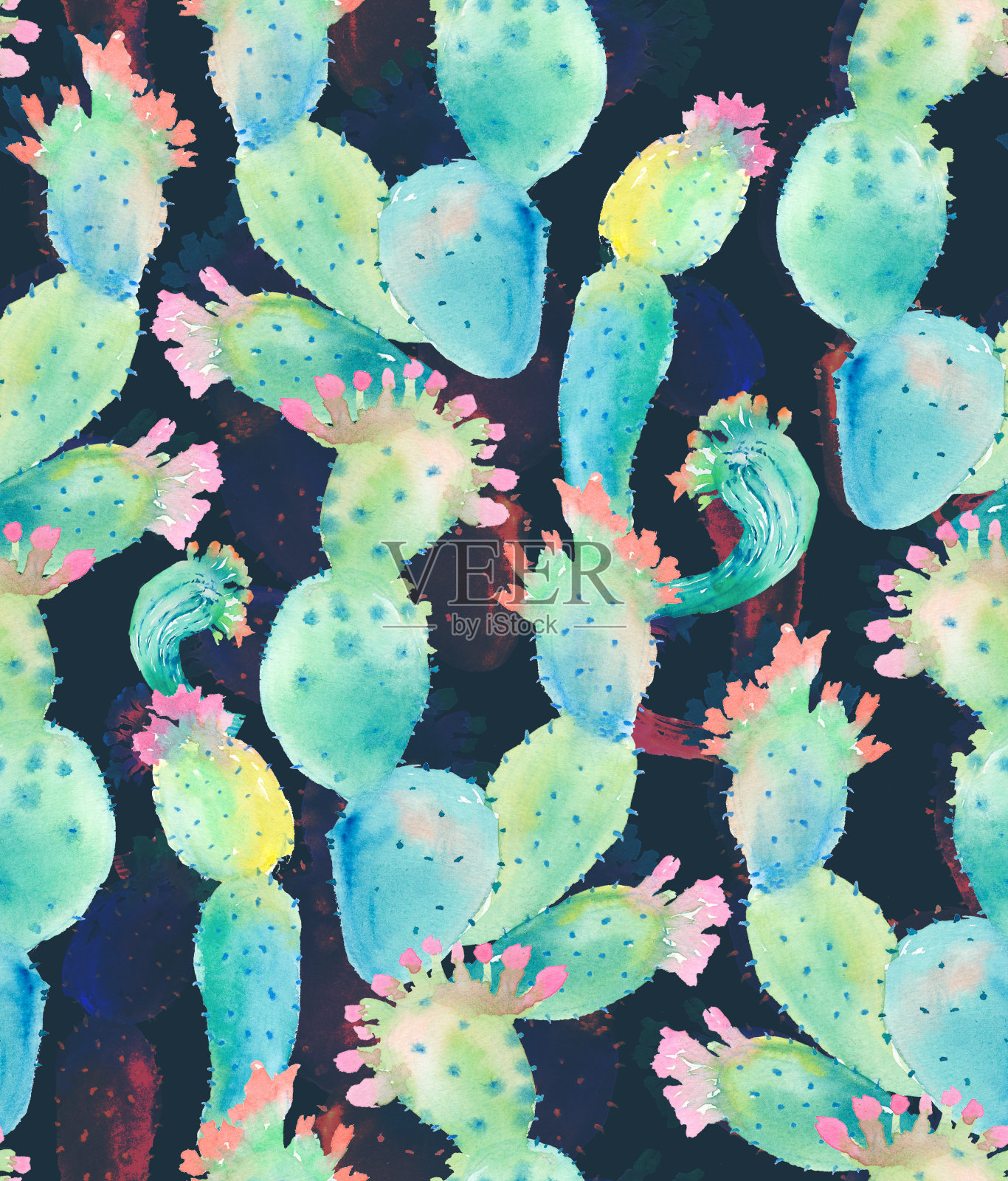 水彩仙人掌无缝图案插画图片素材
