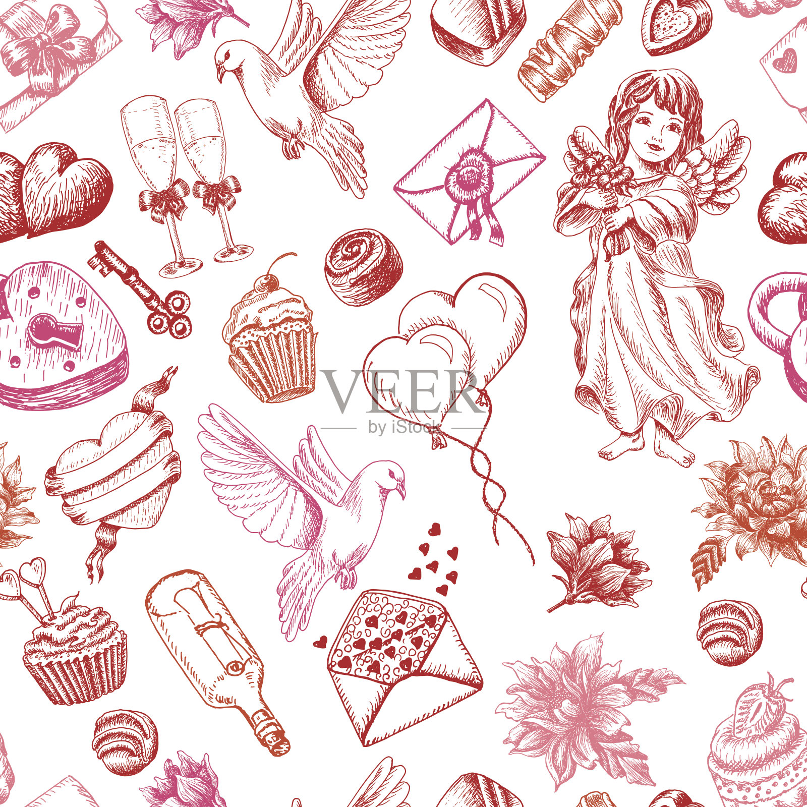 无缝模式与爱情元素插画图片素材