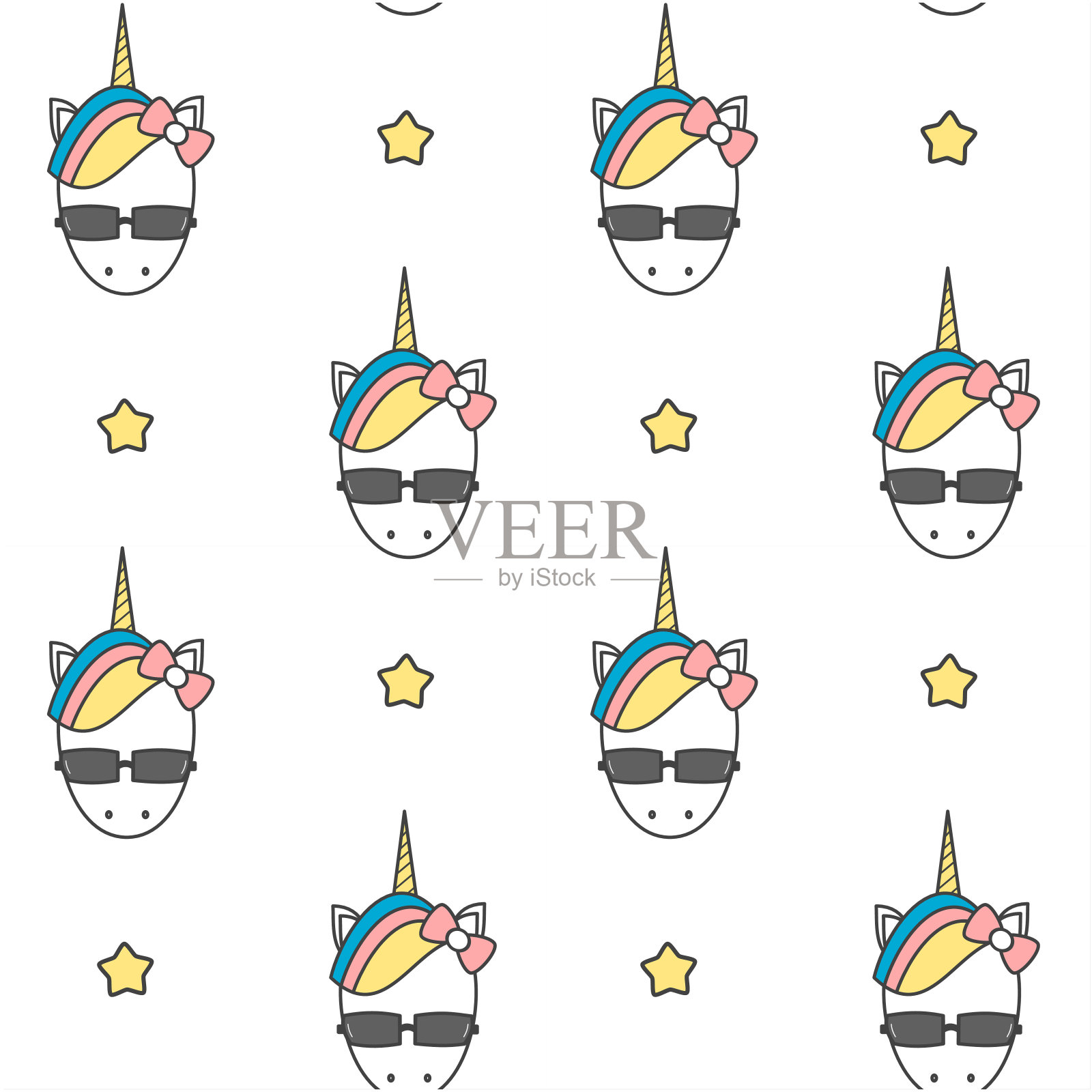 可爱的卡通彩色独角兽头与太阳镜无缝矢量图案背景插图插画图片素材