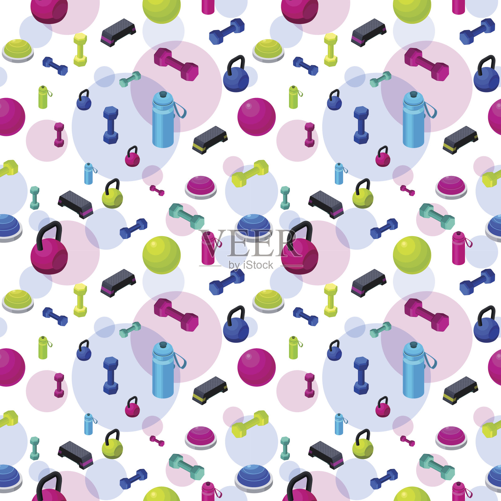 等距健身无缝模式与一套运动设备，彩色背景与哑铃，台阶平台，健身球，半球，瓶子，健身配件收集，矢量插图插画图片素材