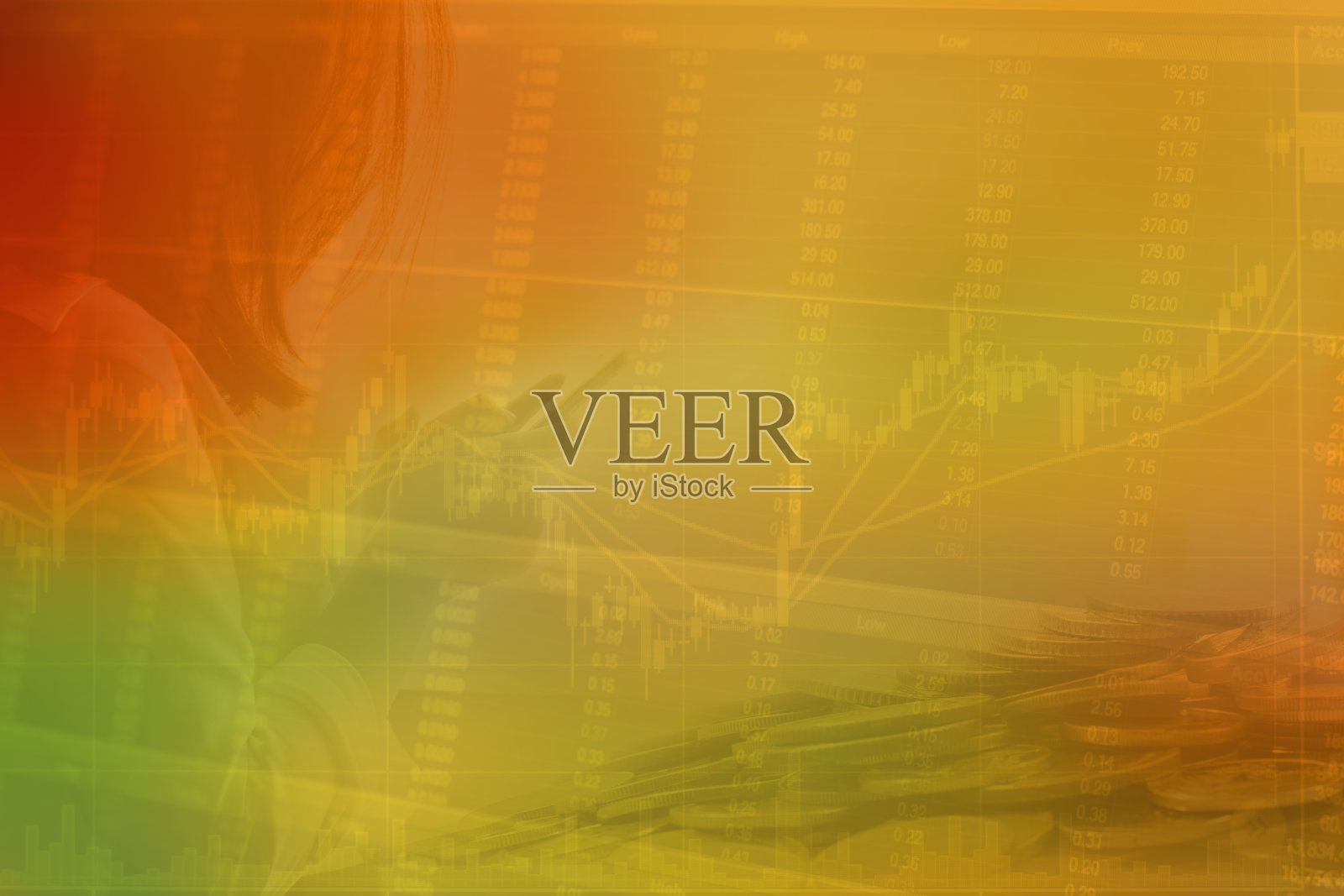 摘要金融股数字图表与图表与女商人手握双曝光风格背景照片摄影图片