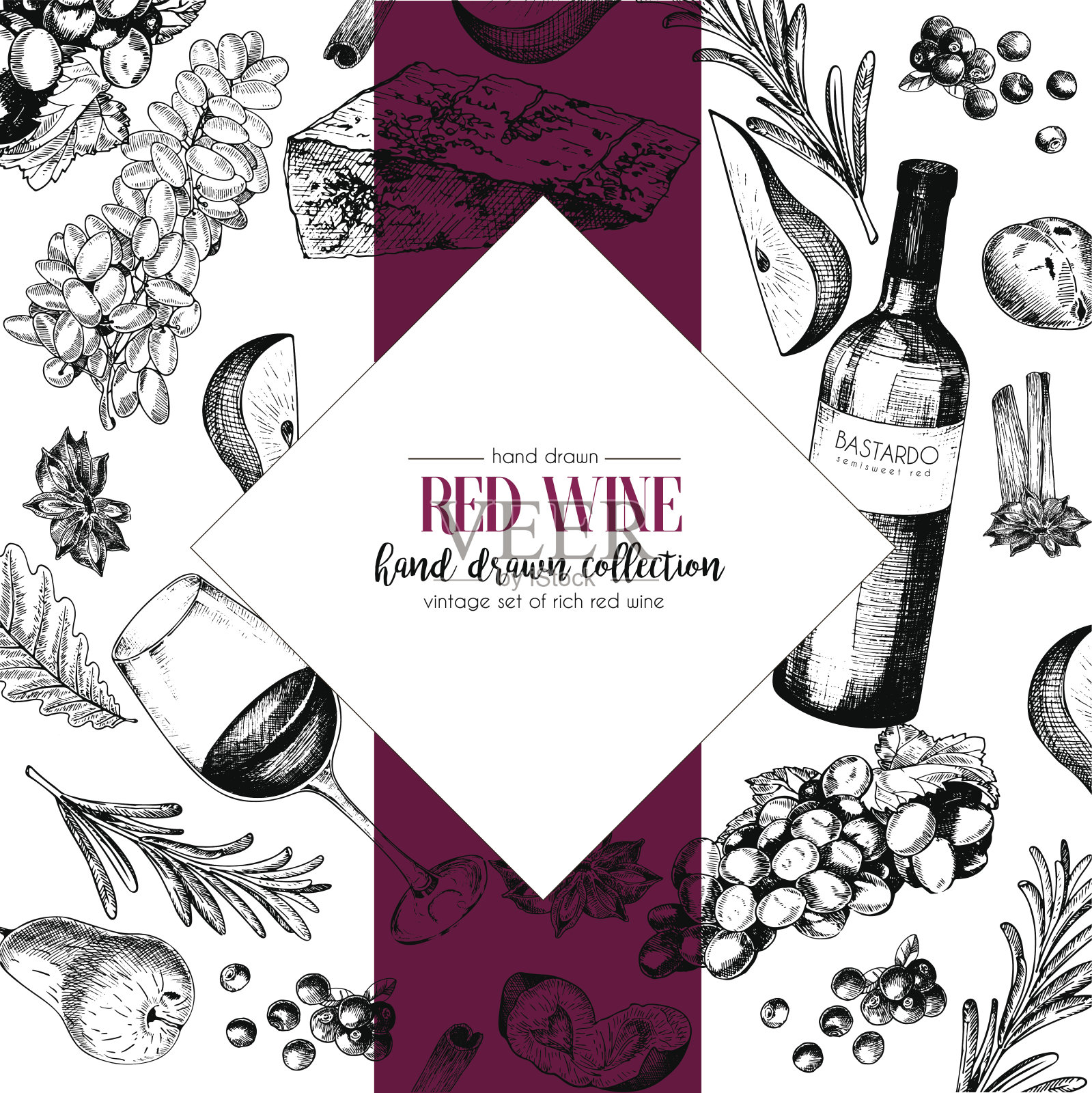 矢量手绘制的酒和开胃菜chevron模板插图。瓶子，玻璃杯，开瓶器，奶酪，水果和消费品。插画图片素材