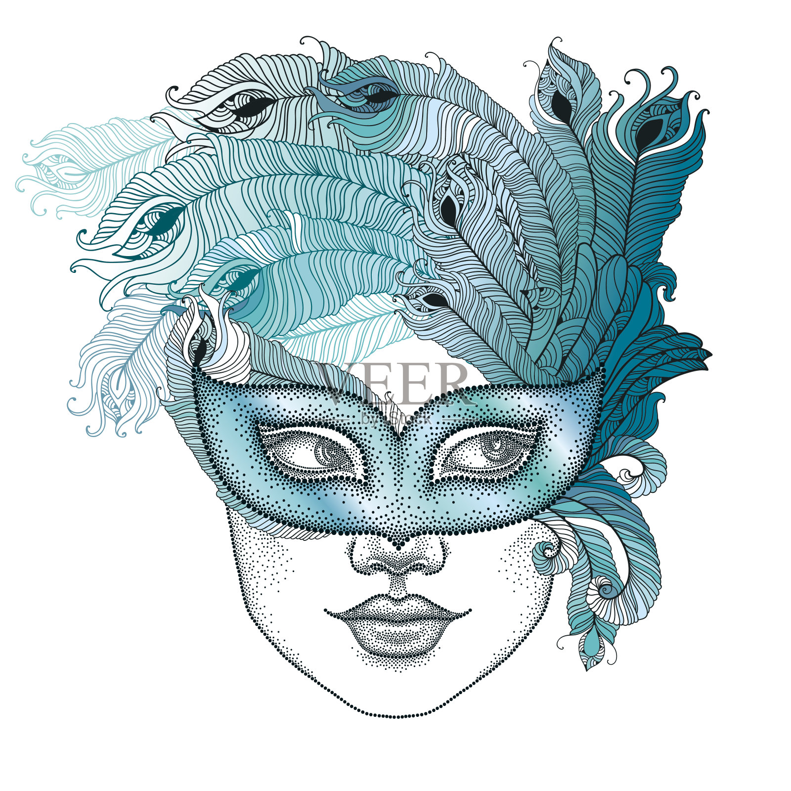 威尼斯狂欢节上点缀着孔雀羽毛的少女脸庞。插画图片素材