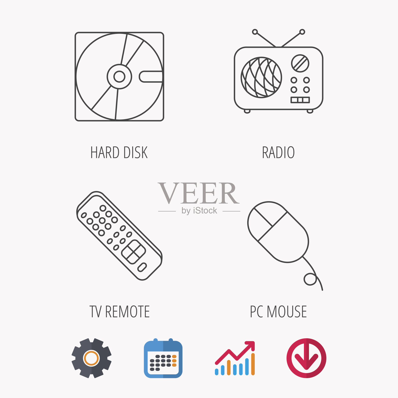 硬盘、收音机和电视遥控器图标。图标素材